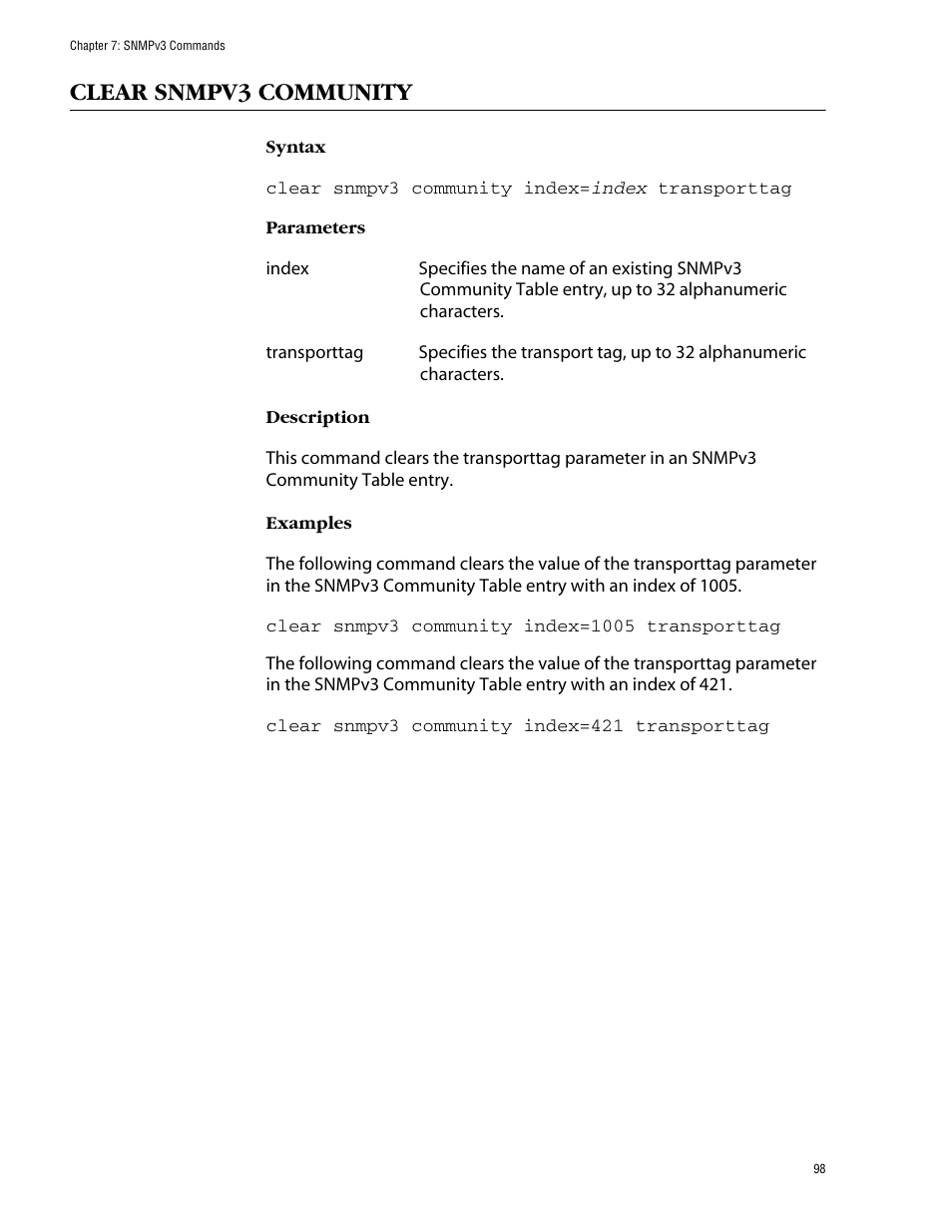 Clear snmpv3 community | Allied Telesis AT-S62 User Manual | Page 98 / 420