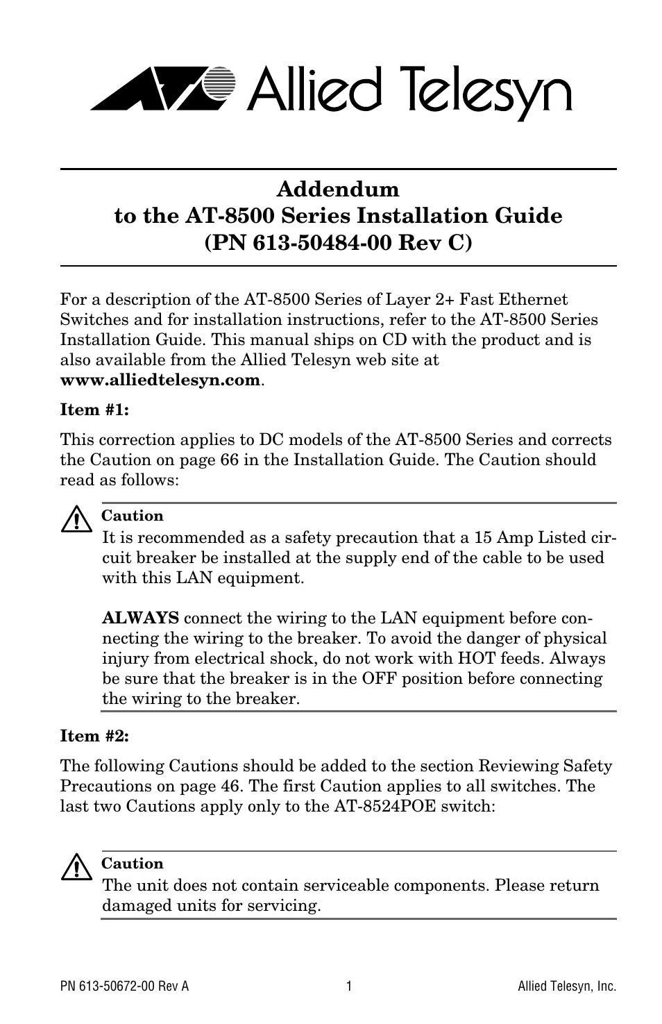 Allied Telesis AT-8500 Series Addendum User Manual | 2 pages