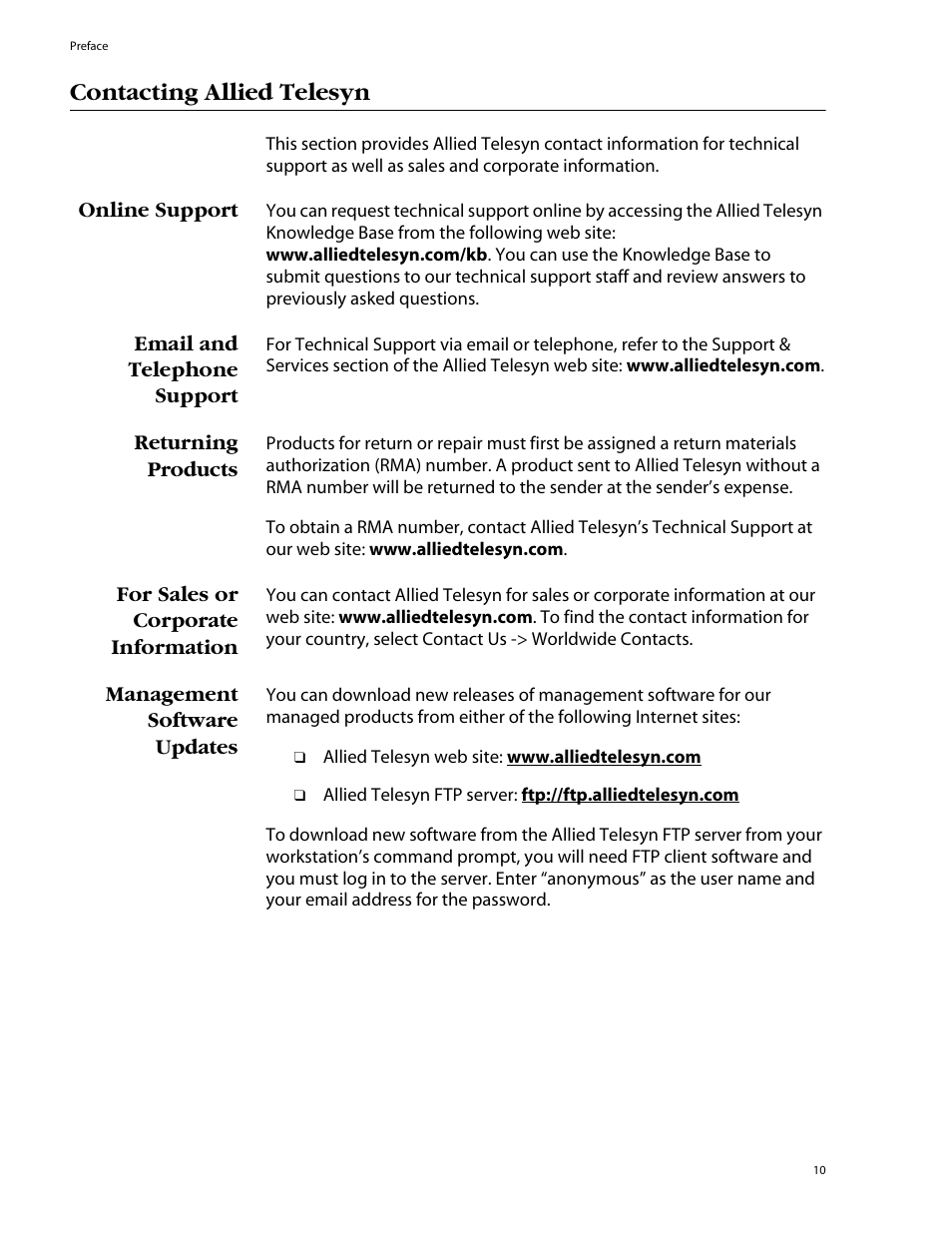 Contacting allied telesyn, Online support, Email and telephone support | Returning products, For sales or corporate information, Management software updates | Allied Telesis AT-8550SP User Manual | Page 10 / 114