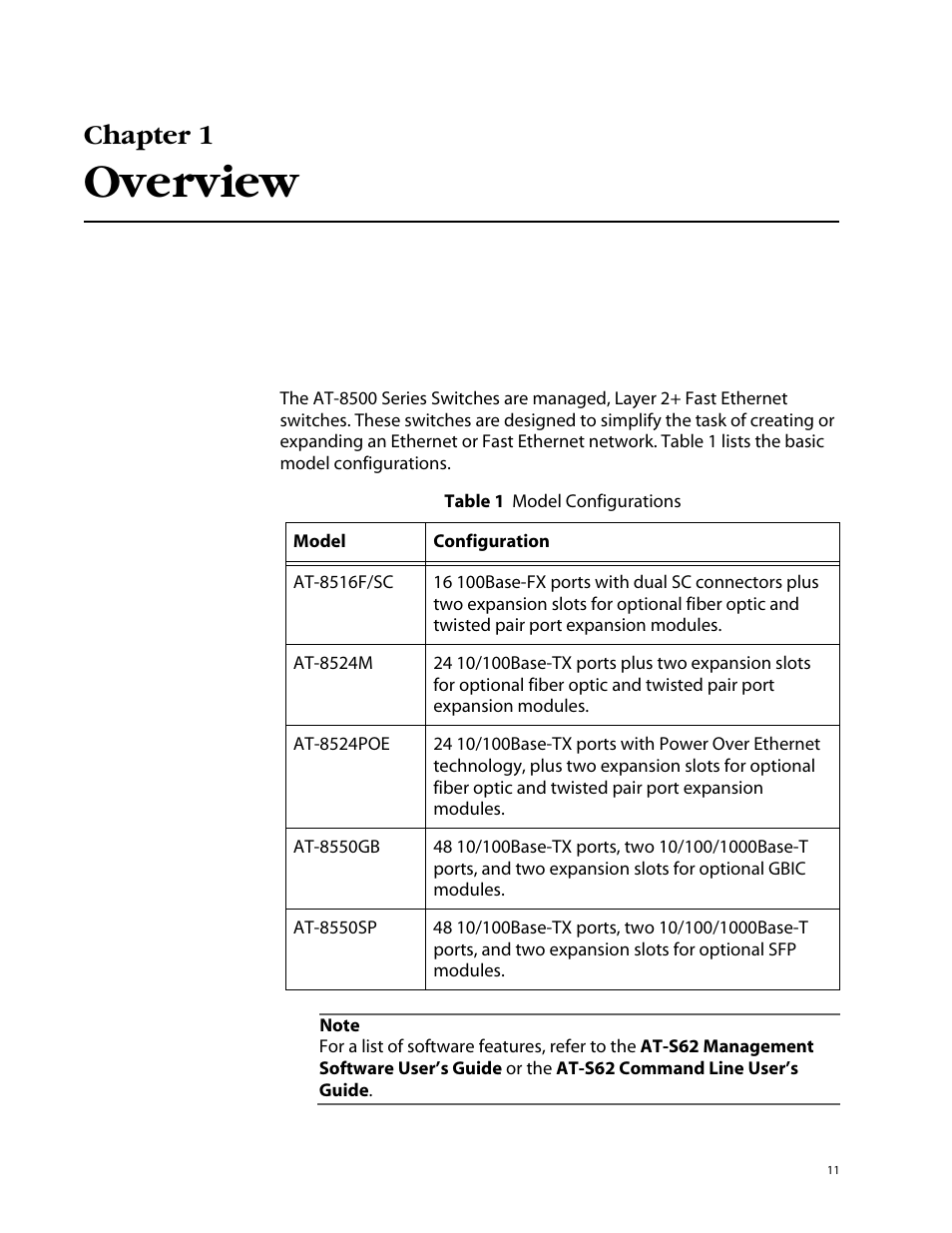 Chapter 1, Overview | Allied Telesis AT-8550SP User Manual | Page 11 / 114