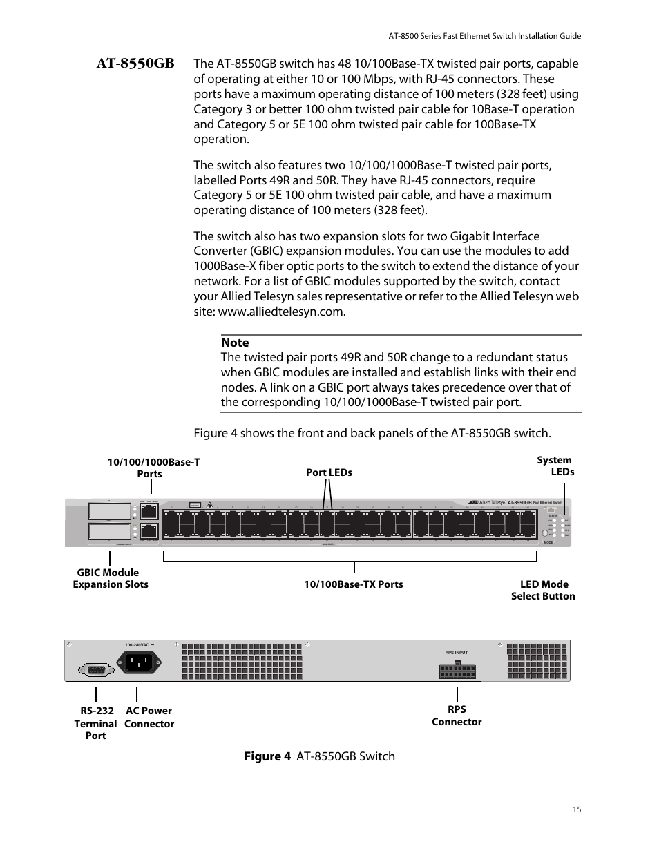 At-8550gb, Port rps connector, Link | Class 1 laser product | Allied Telesis AT-8550SP User Manual | Page 15 / 114