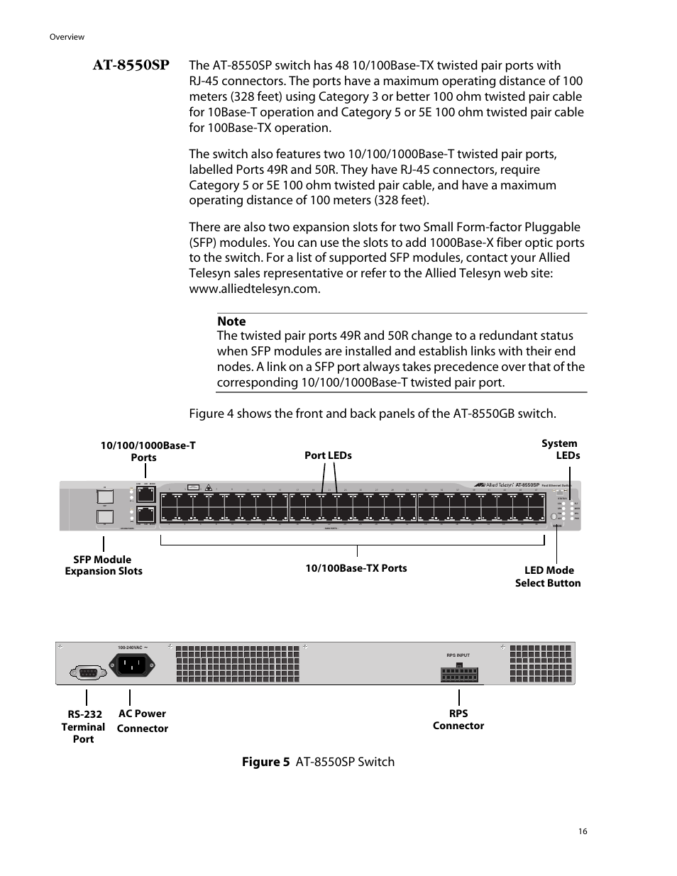 At-8550sp, Port rps connector, Link | Class 1 laser product, Overview 16 | Allied Telesis AT-8550SP User Manual | Page 16 / 114