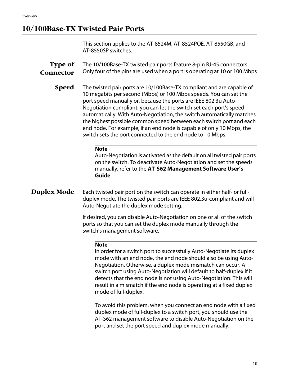 10/100base-tx twisted pair ports, Type of connector, Speed | Duplex mode, Type of connector speed duplex mode | Allied Telesis AT-8550SP User Manual | Page 18 / 114