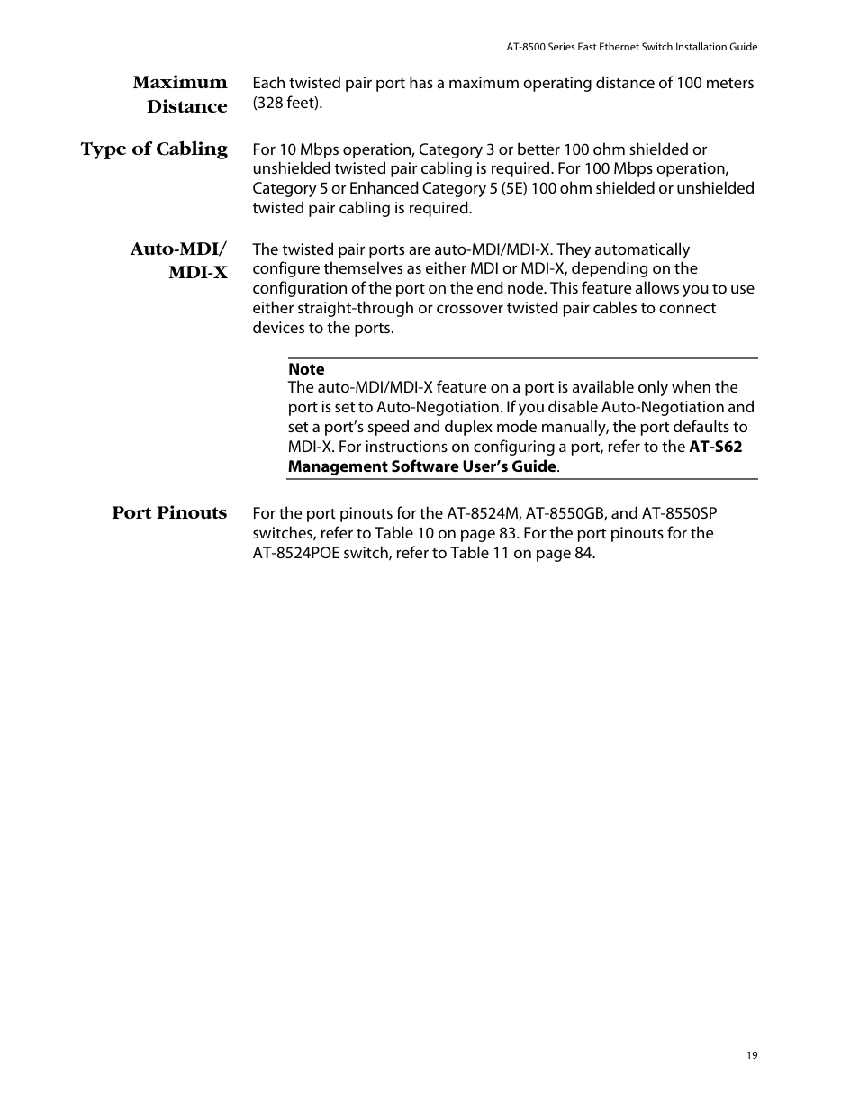 Maximum distance, Type of cabling, Auto-mdi/ mdi-x | Port pinouts | Allied Telesis AT-8550SP User Manual | Page 19 / 114