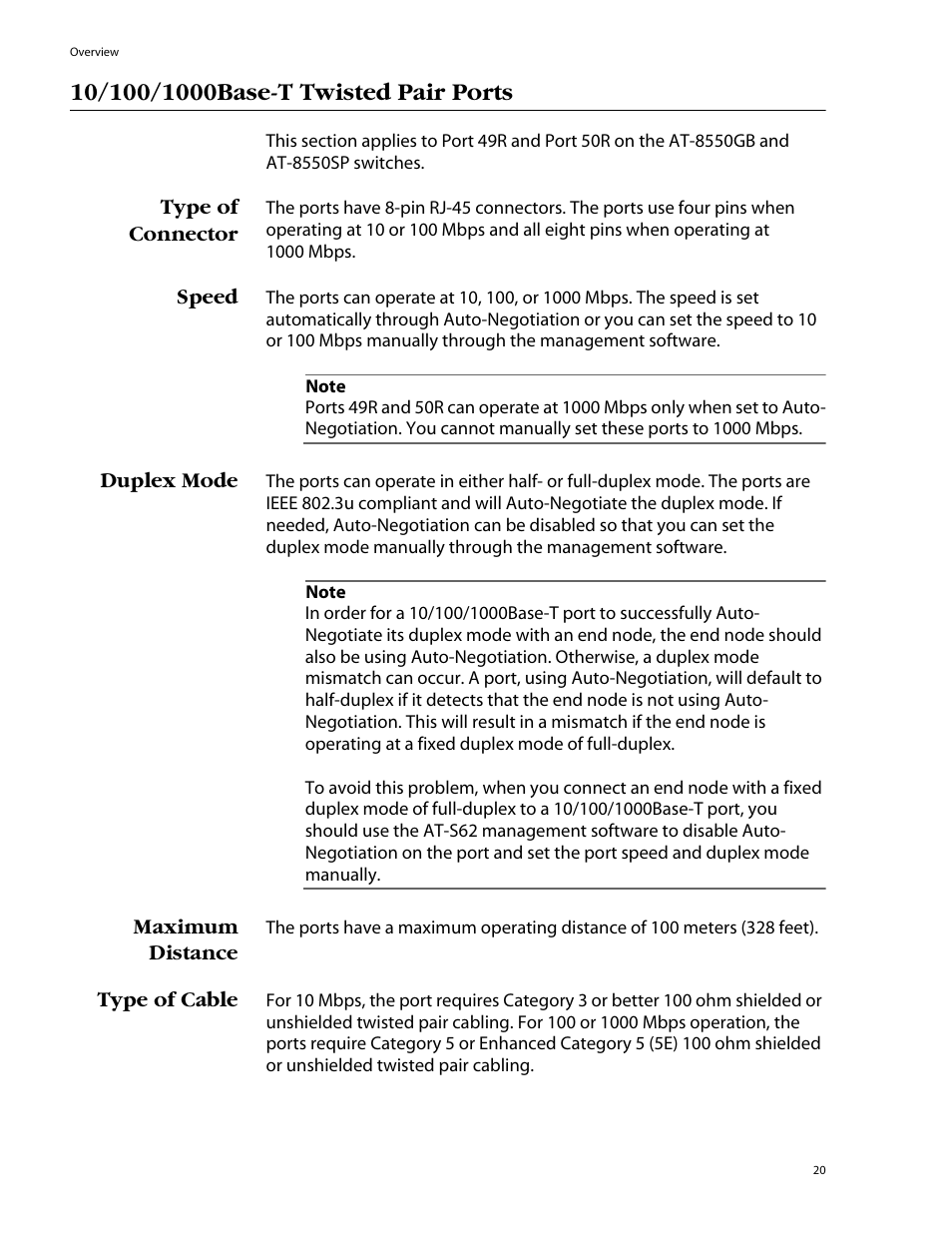 10/100/1000base-t twisted pair ports, Type of connector, Speed | Duplex mode, Maximum distance, Type of cable | Allied Telesis AT-8550SP User Manual | Page 20 / 114