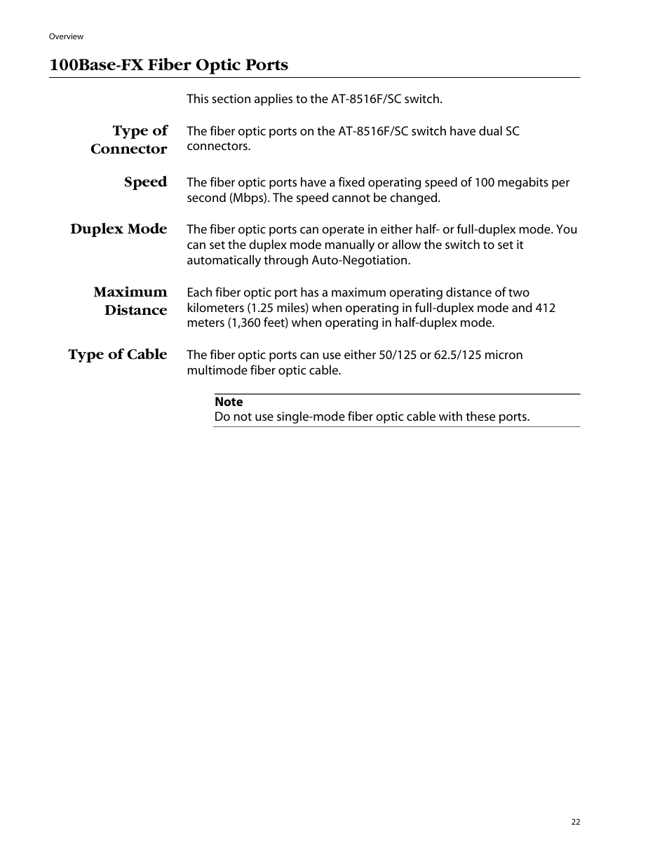 100base-fx fiber optic ports, Type of connector, Speed | Duplex mode, Maximum distance, Type of cable | Allied Telesis AT-8550SP User Manual | Page 22 / 114