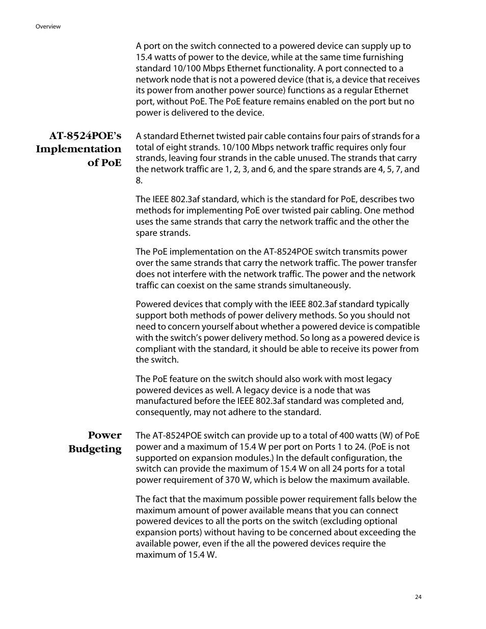 At-8524poe’s implementation of poe, Power budgeting, At-8524poe’s implementation of poe power budgeting | Allied Telesis AT-8550SP User Manual | Page 24 / 114