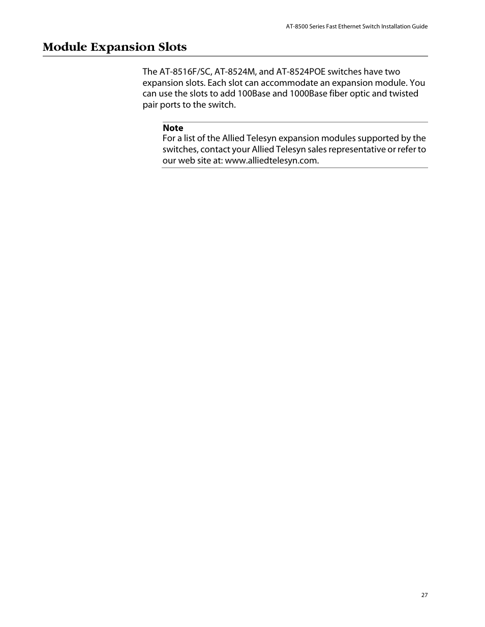Module expansion slots | Allied Telesis AT-8550SP User Manual | Page 27 / 114
