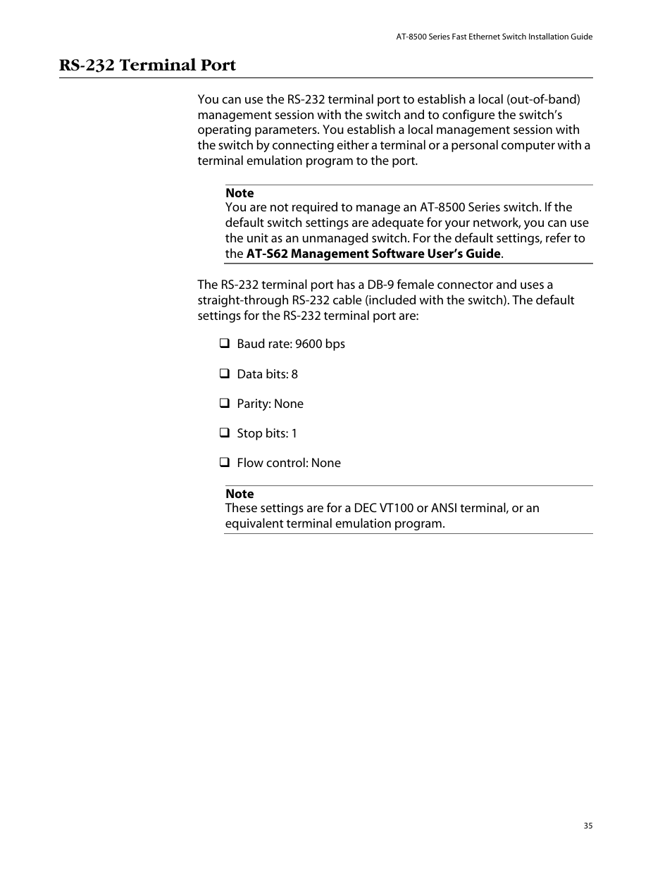 Rs-232 terminal port | Allied Telesis AT-8550SP User Manual | Page 35 / 114