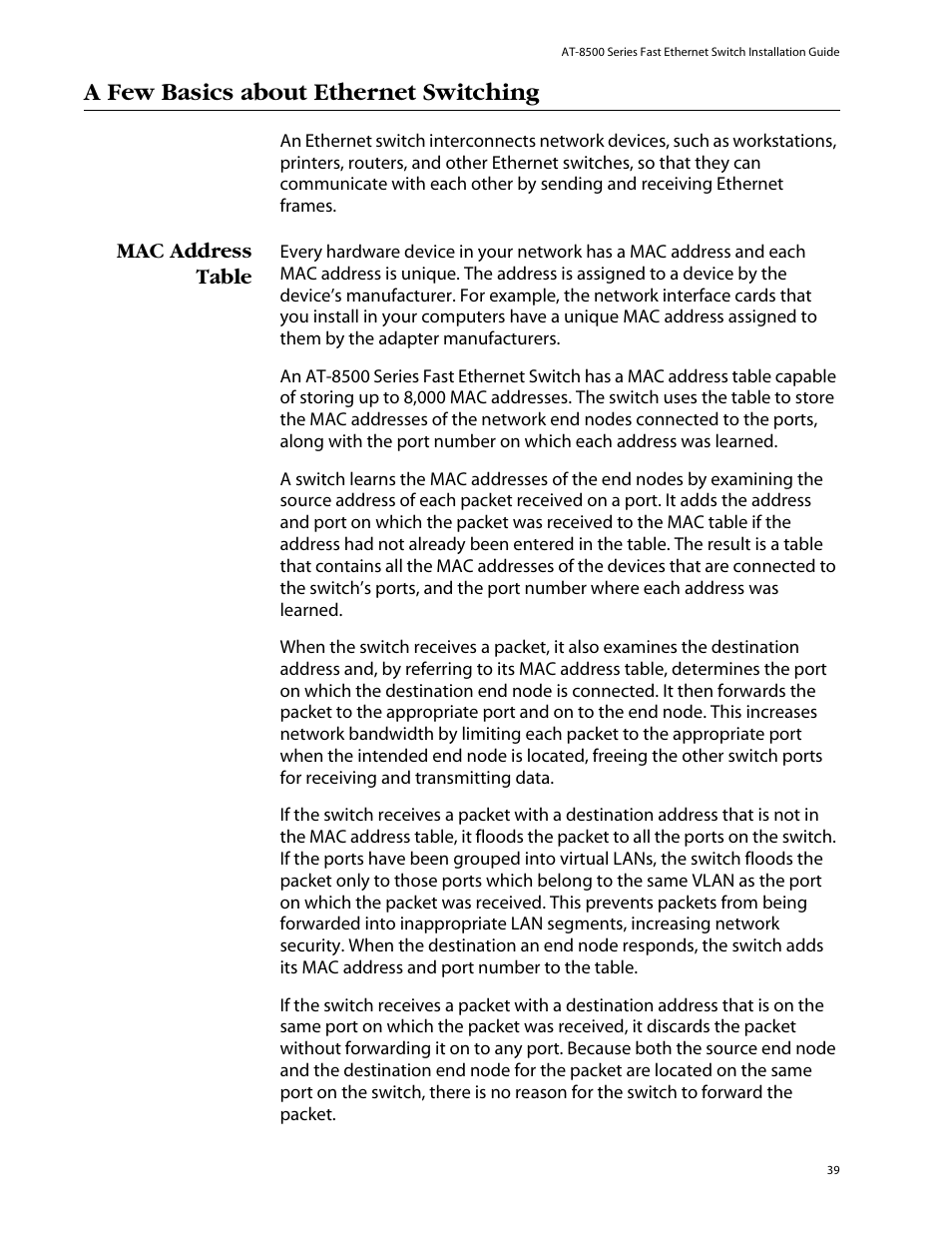 A few basics about ethernet switching, Mac address table | Allied Telesis AT-8550SP User Manual | Page 39 / 114