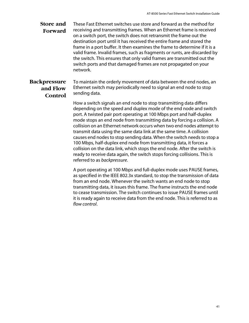 Store and forward, Backpressure and flow control, Store and forward backpressure and flow control | Allied Telesis AT-8550SP User Manual | Page 41 / 114