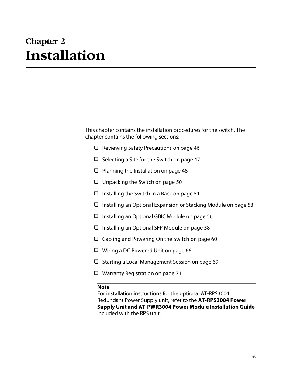 Chapter 2, Installation | Allied Telesis AT-8550SP User Manual | Page 45 / 114