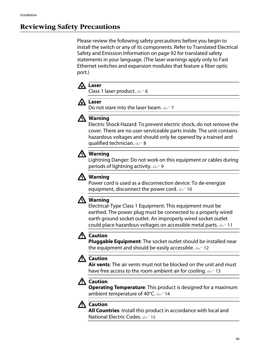 Reviewing safety precautions | Allied Telesis AT-8550SP User Manual | Page 46 / 114