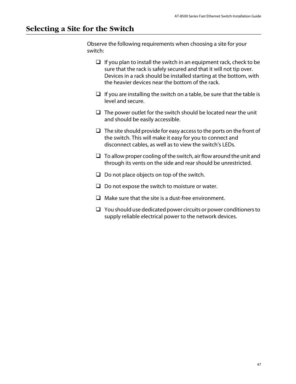Selecting a site for the switch | Allied Telesis AT-8550SP User Manual | Page 47 / 114