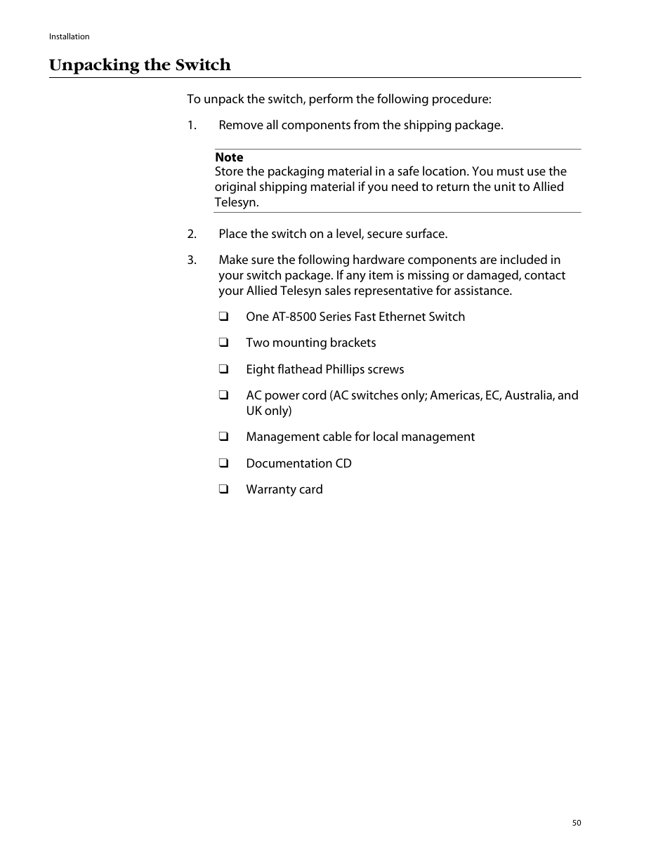 Unpacking the switch | Allied Telesis AT-8550SP User Manual | Page 50 / 114