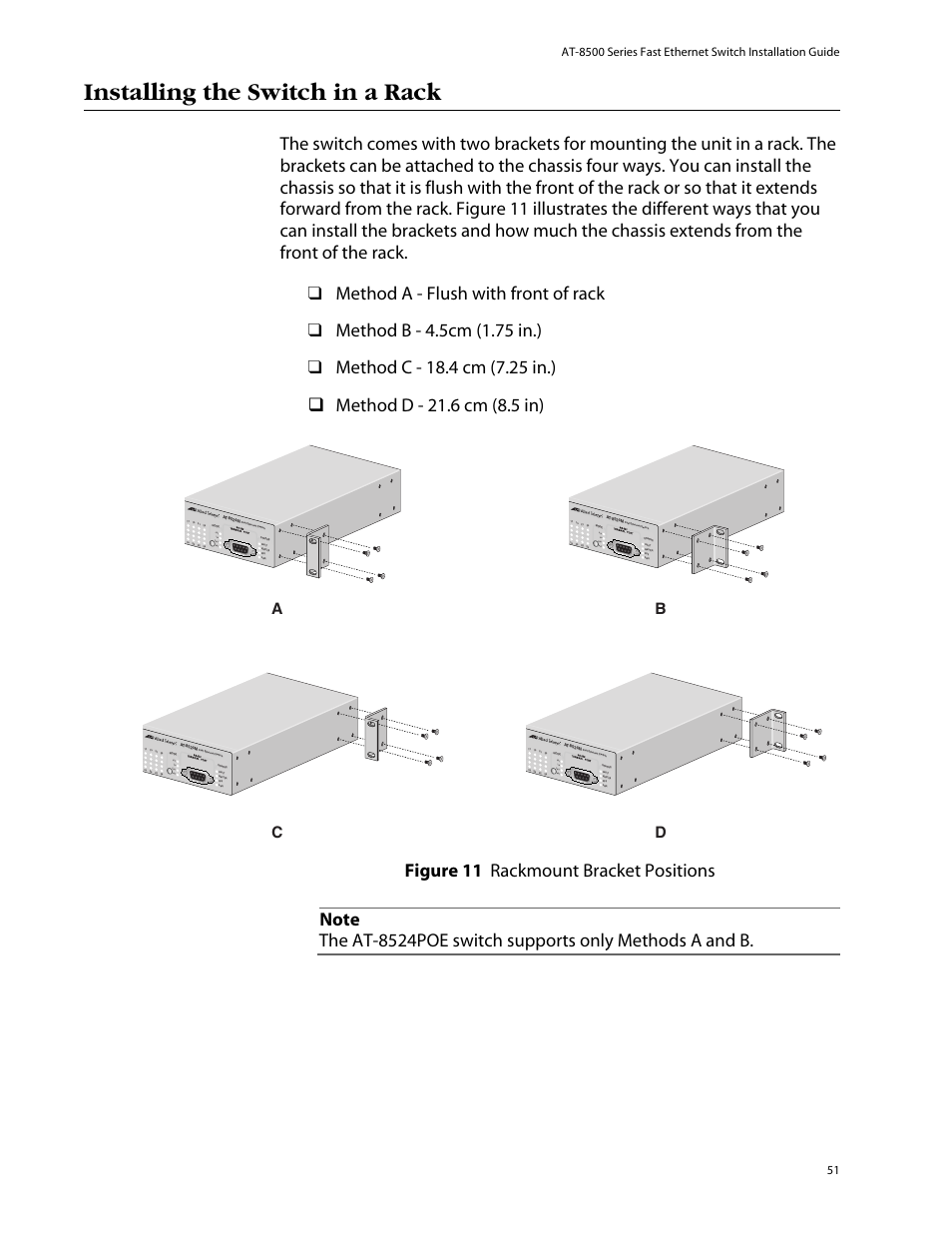 Installing the switch in a rack, Ab c d, Col 100 full act | Allied Telesis AT-8550SP User Manual | Page 51 / 114