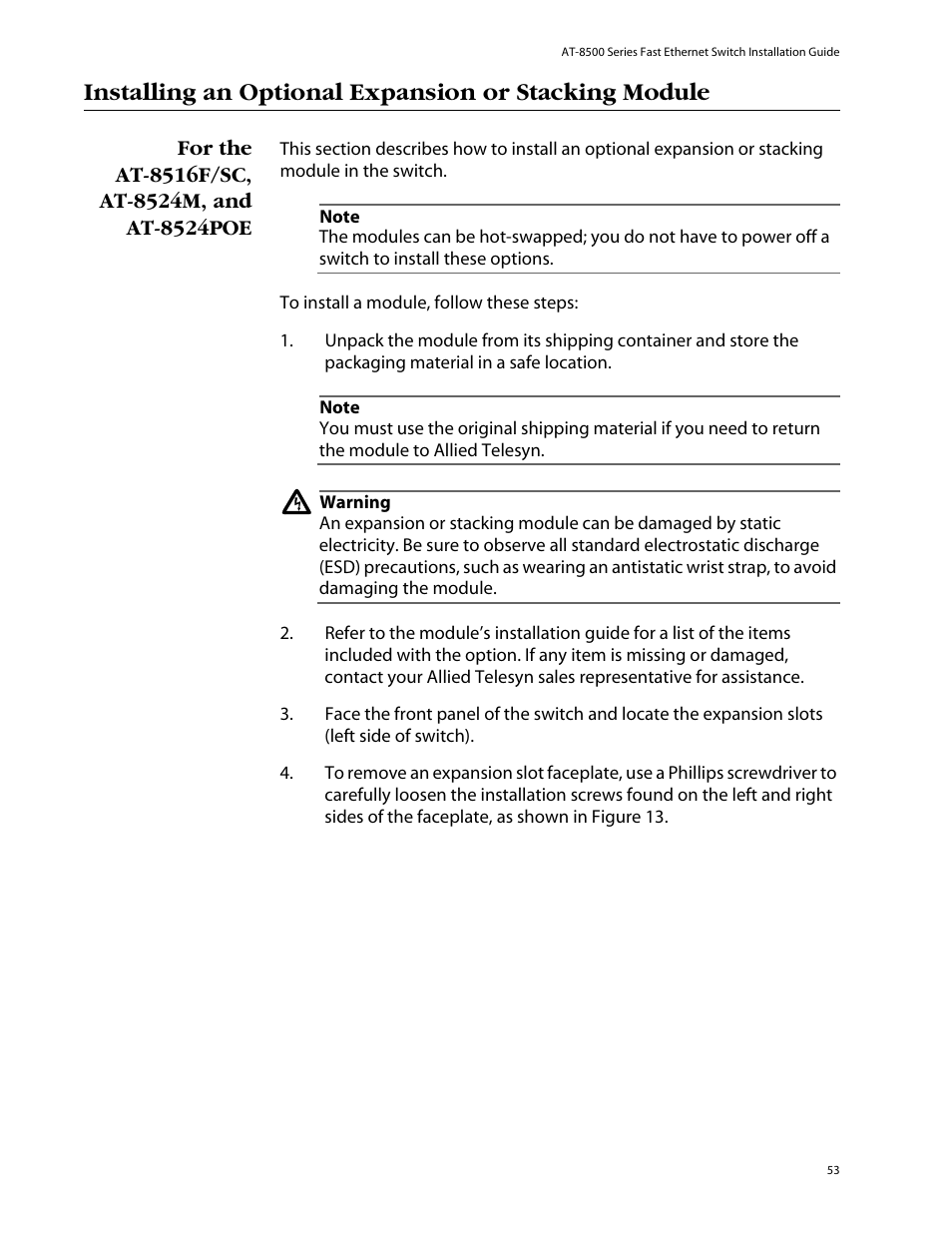 For the at-8516f/sc, at-8524m, and at-8524poe | Allied Telesis AT-8550SP User Manual | Page 53 / 114