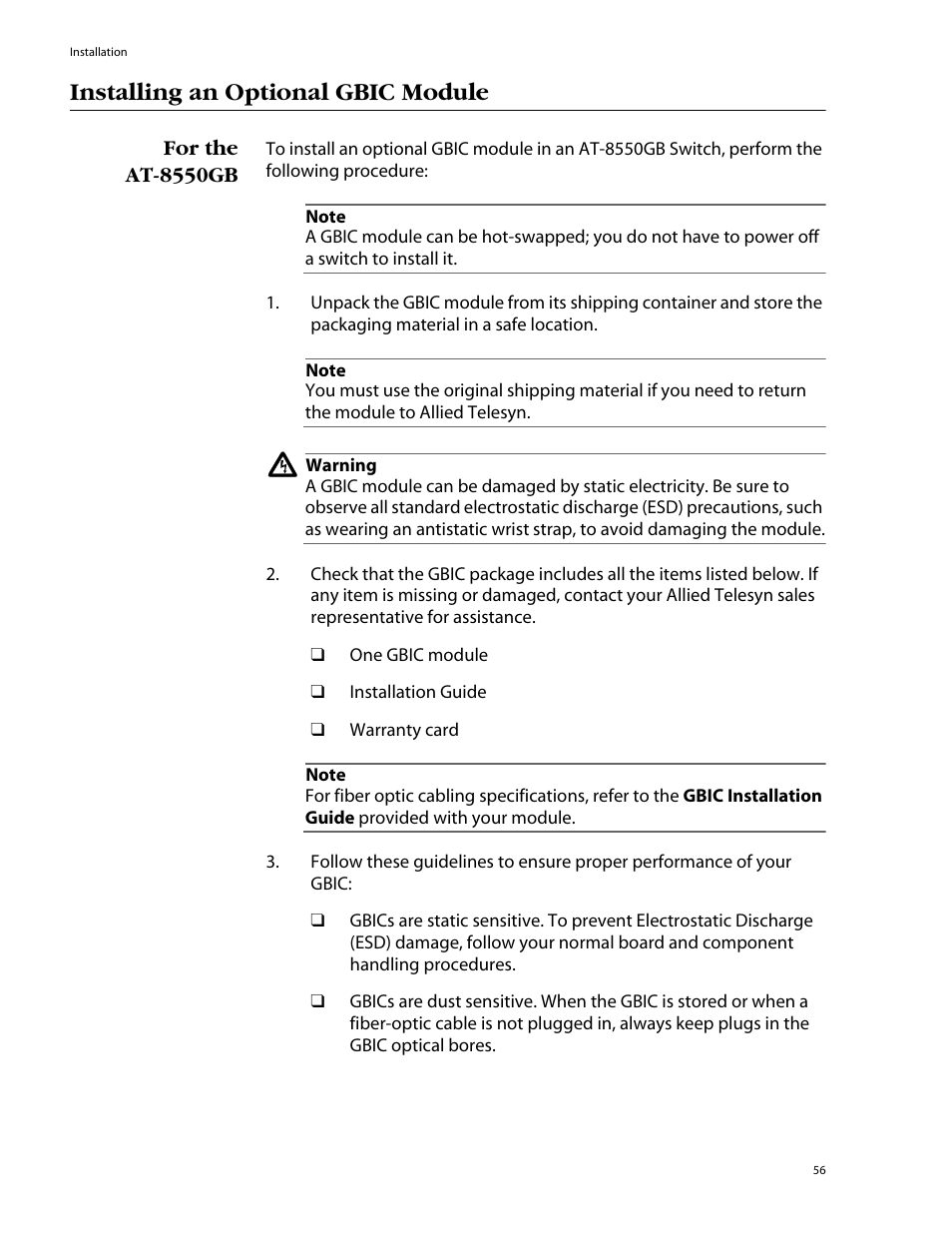 Installing an optional gbic module, For the at-8550gb | Allied Telesis AT-8550SP User Manual | Page 56 / 114