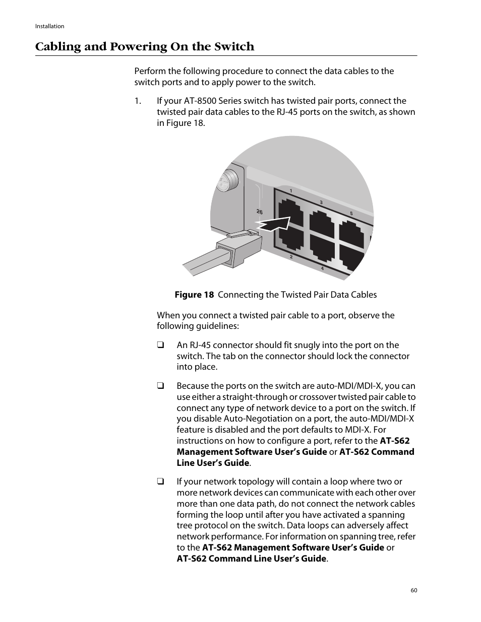 Cabling and powering on the switch | Allied Telesis AT-8550SP User Manual | Page 60 / 114