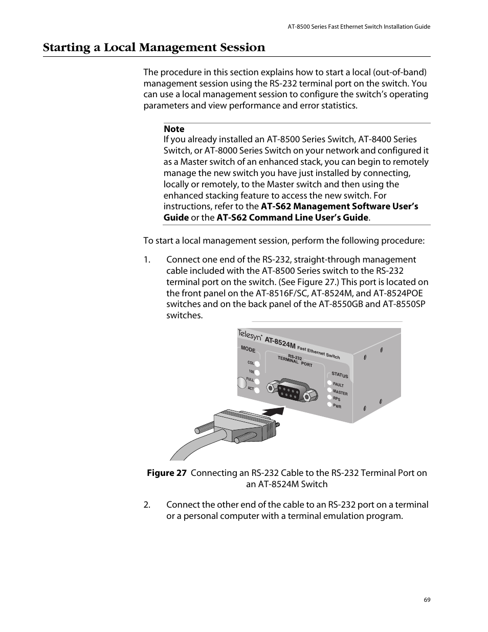 Starting a local management session | Allied Telesis AT-8550SP User Manual | Page 69 / 114