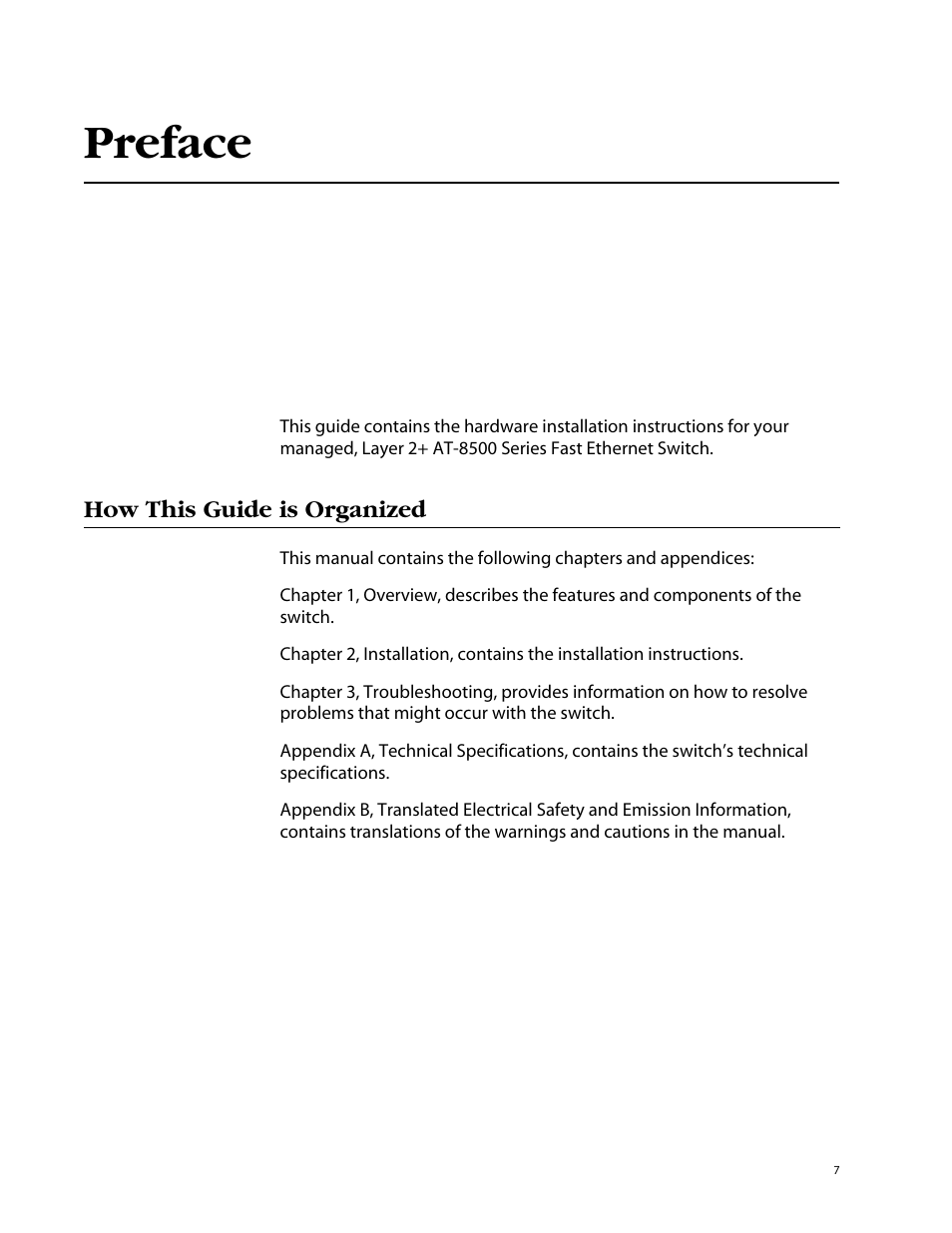 Preface, How this guide is organized | Allied Telesis AT-8550SP User Manual | Page 7 / 114