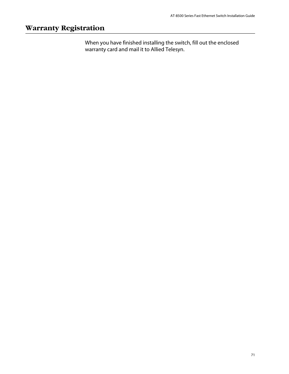 Warranty registration | Allied Telesis AT-8550SP User Manual | Page 71 / 114