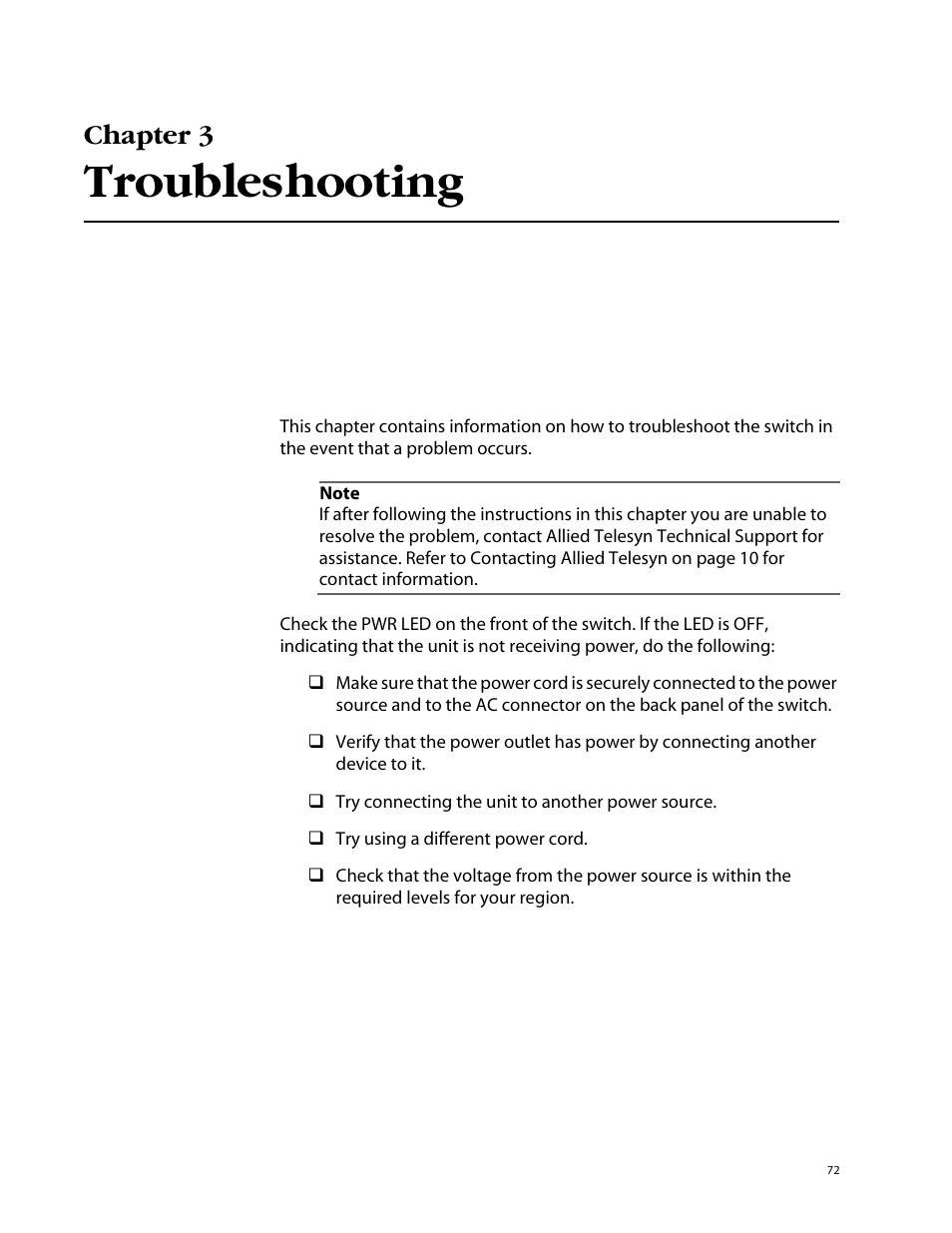 Chapter 3, Troubleshooting | Allied Telesis AT-8550SP User Manual | Page 72 / 114