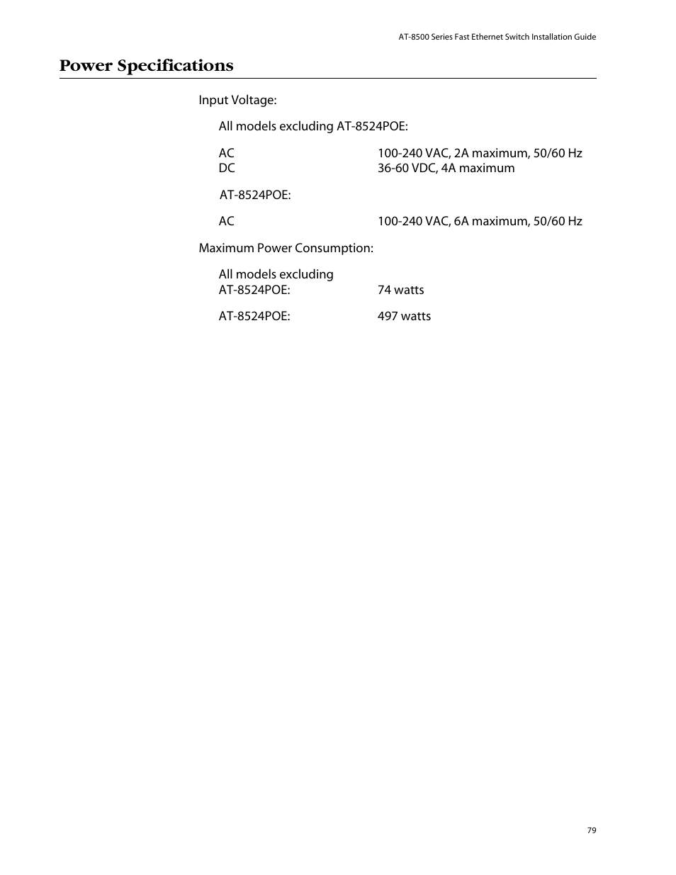 Power specifications | Allied Telesis AT-8550SP User Manual | Page 79 / 114