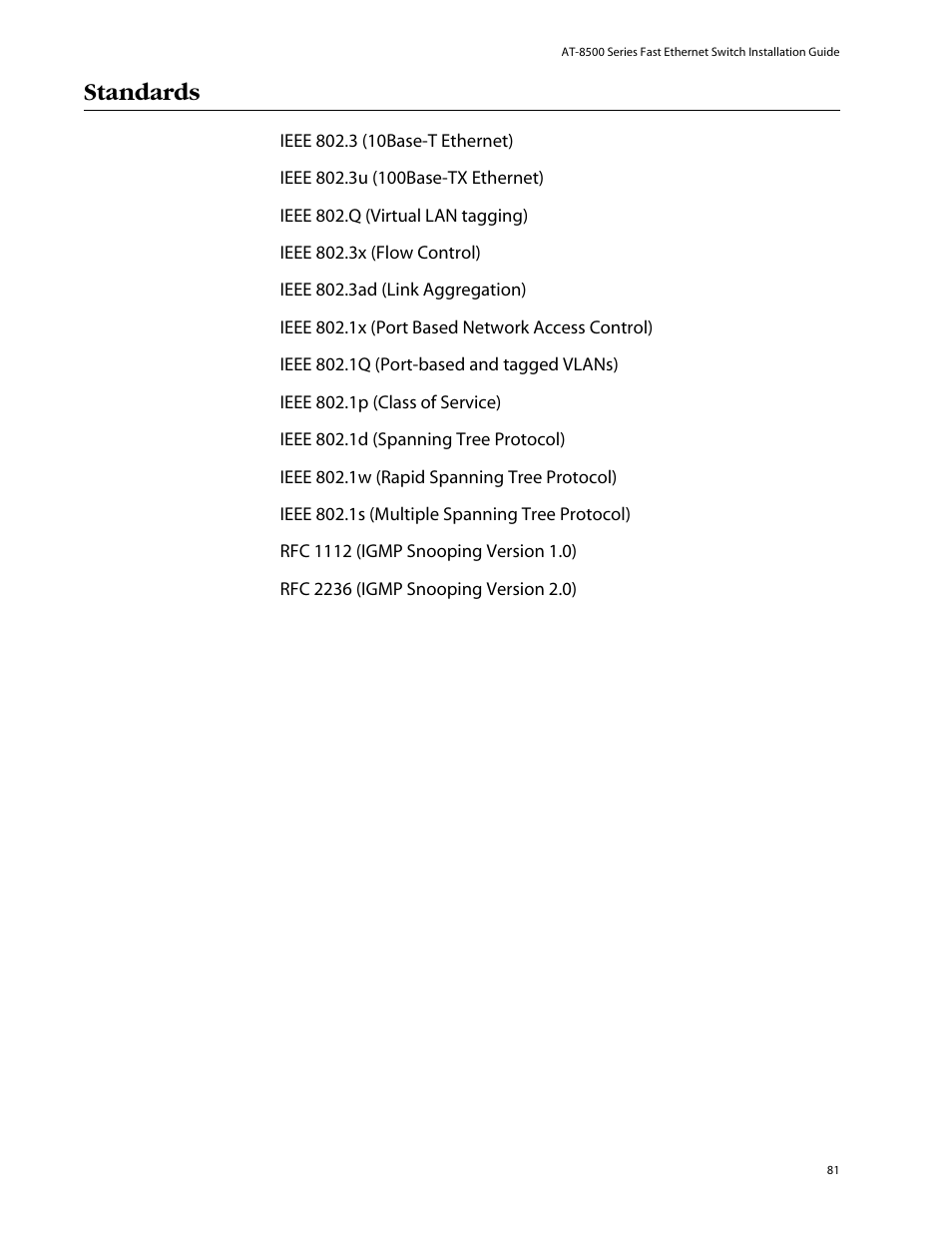 Standards | Allied Telesis AT-8550SP User Manual | Page 81 / 114