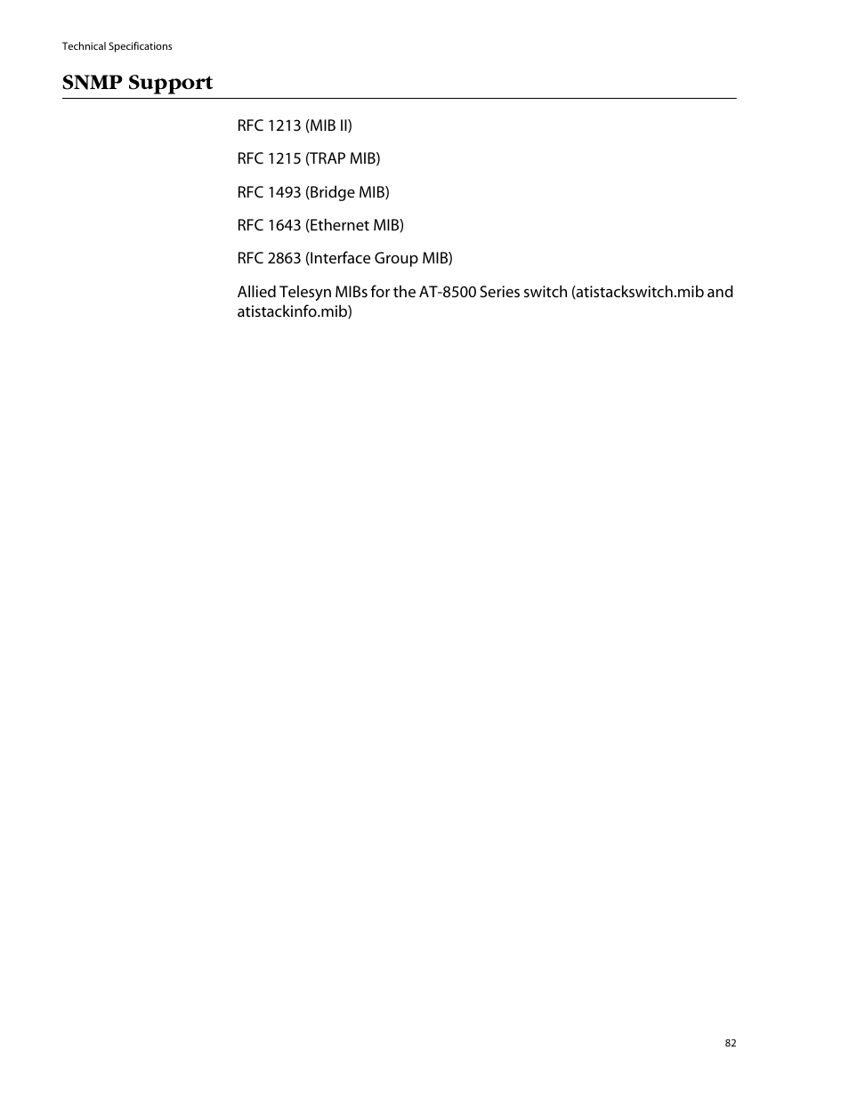 Snmp support | Allied Telesis AT-8550SP User Manual | Page 82 / 114