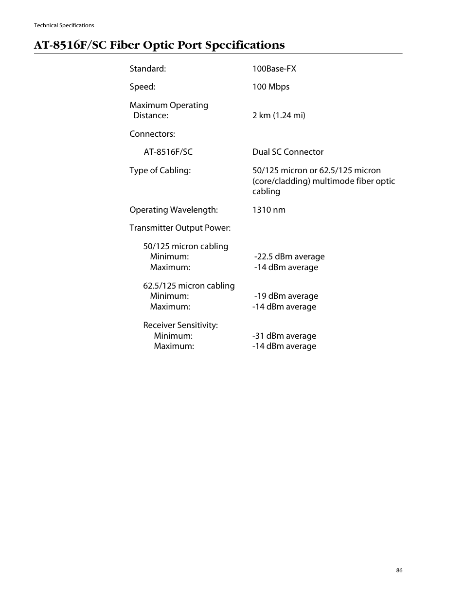 At-8516f/sc fiber optic port specifications | Allied Telesis AT-8550SP User Manual | Page 86 / 114