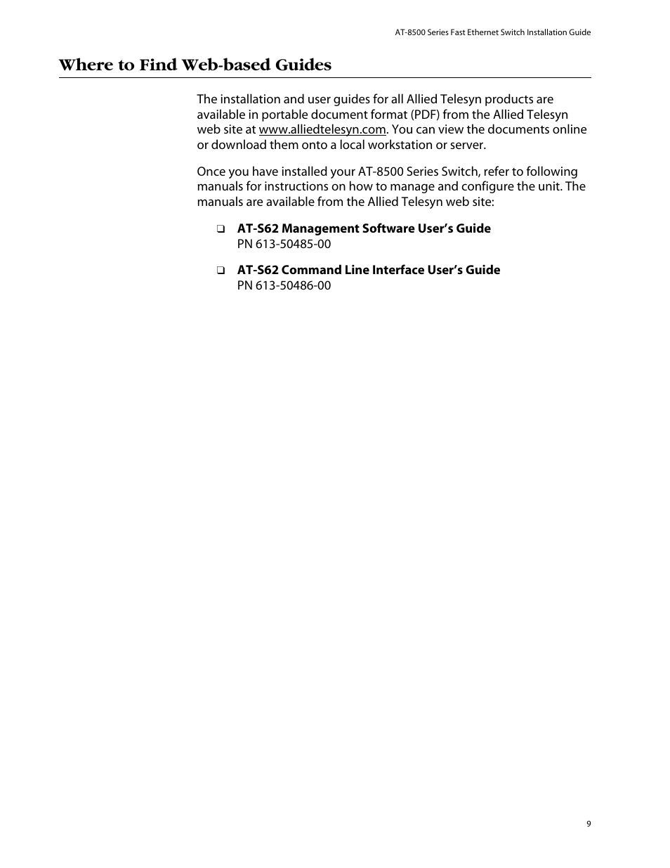 Where to find web-based guides | Allied Telesis AT-8550SP User Manual | Page 9 / 114