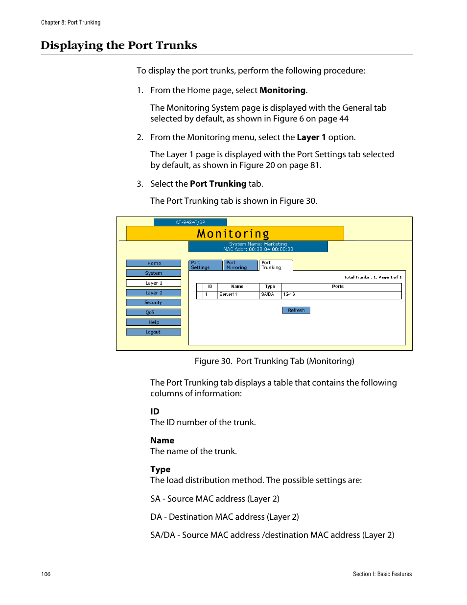 Displaying the port trunks | Allied Telesis AT-S63 User Manual | Page 106 / 388