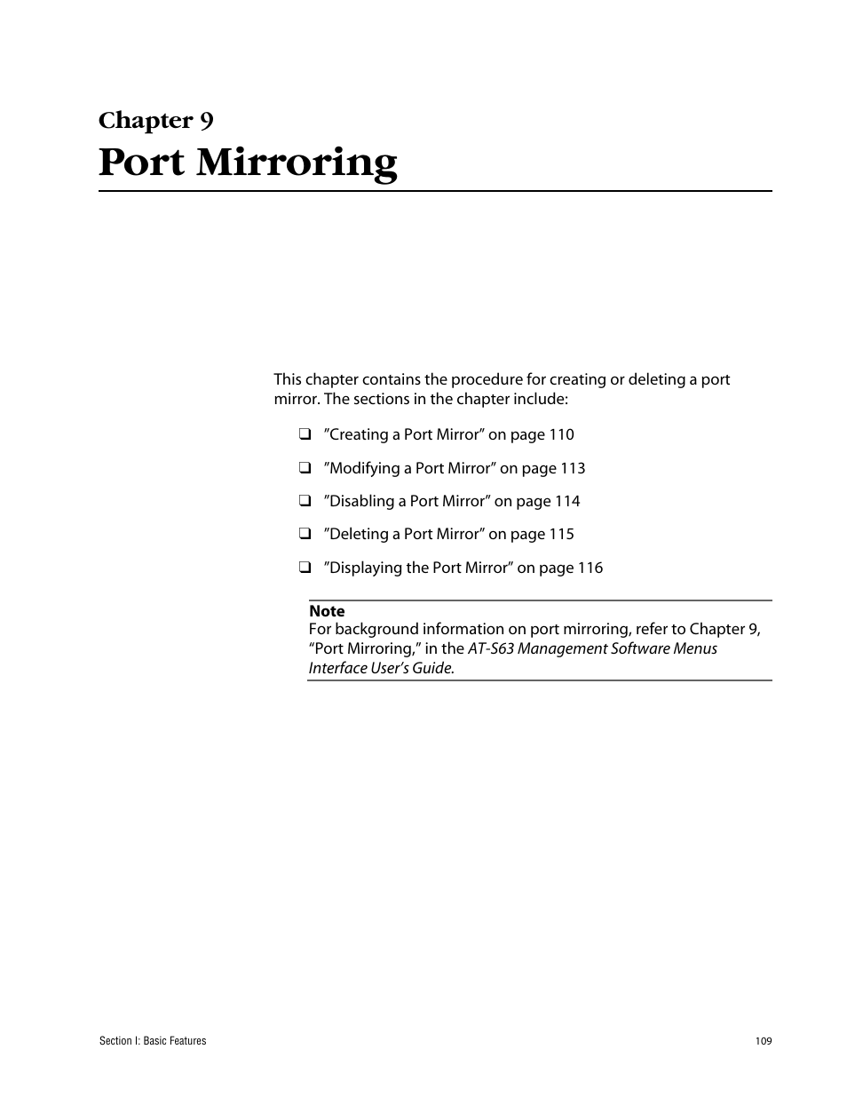 Chapter 9, Port mirroring, Chapter 9 port mirroring | Allied Telesis AT-S63 User Manual | Page 109 / 388