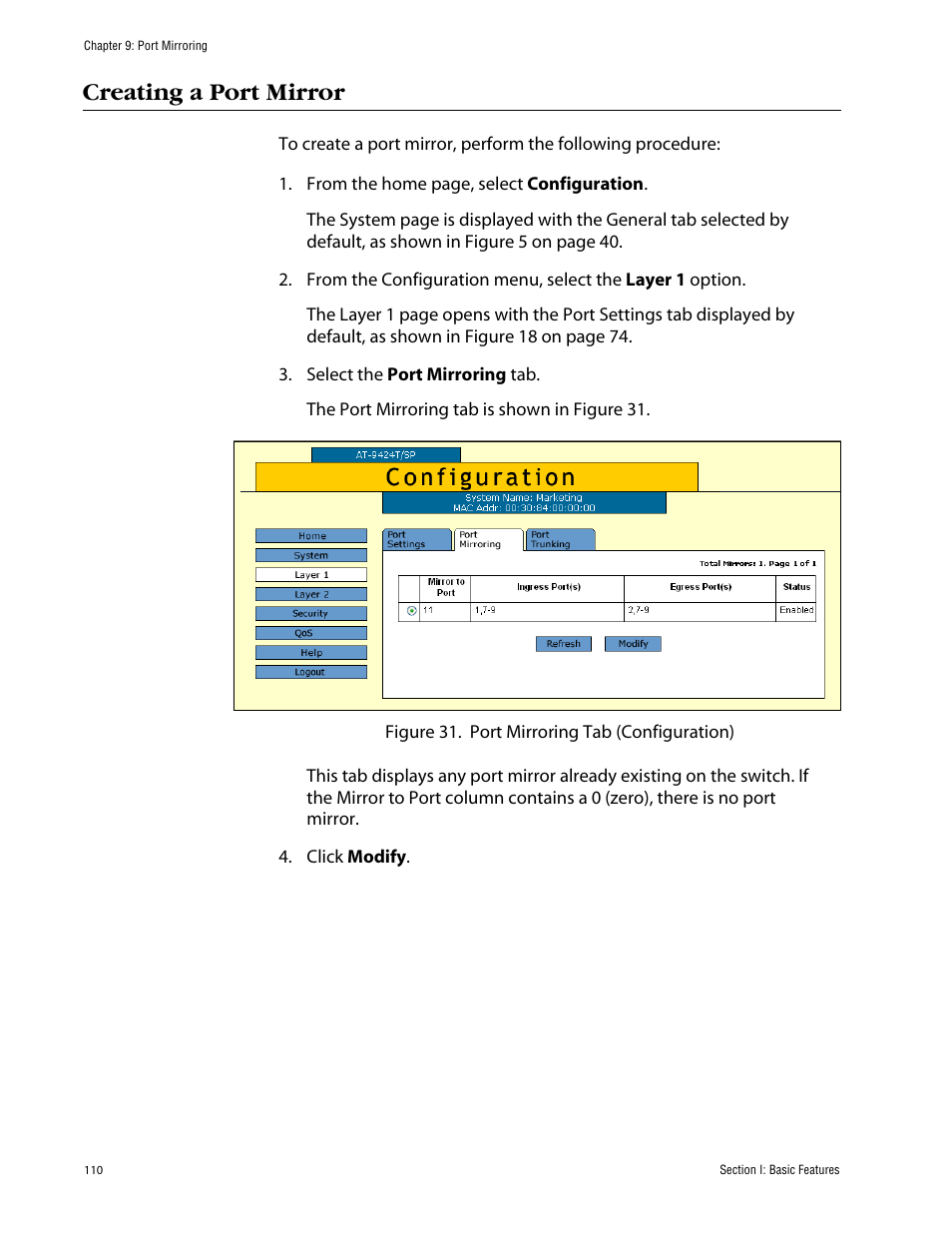 Creating a port mirror | Allied Telesis AT-S63 User Manual | Page 110 / 388