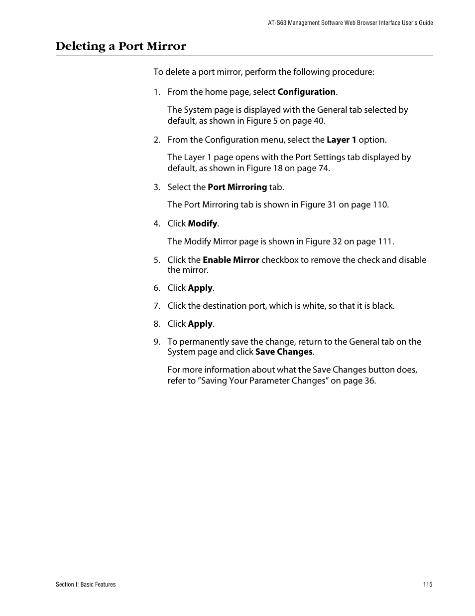 Deleting a port mirror | Allied Telesis AT-S63 User Manual | Page 115 / 388
