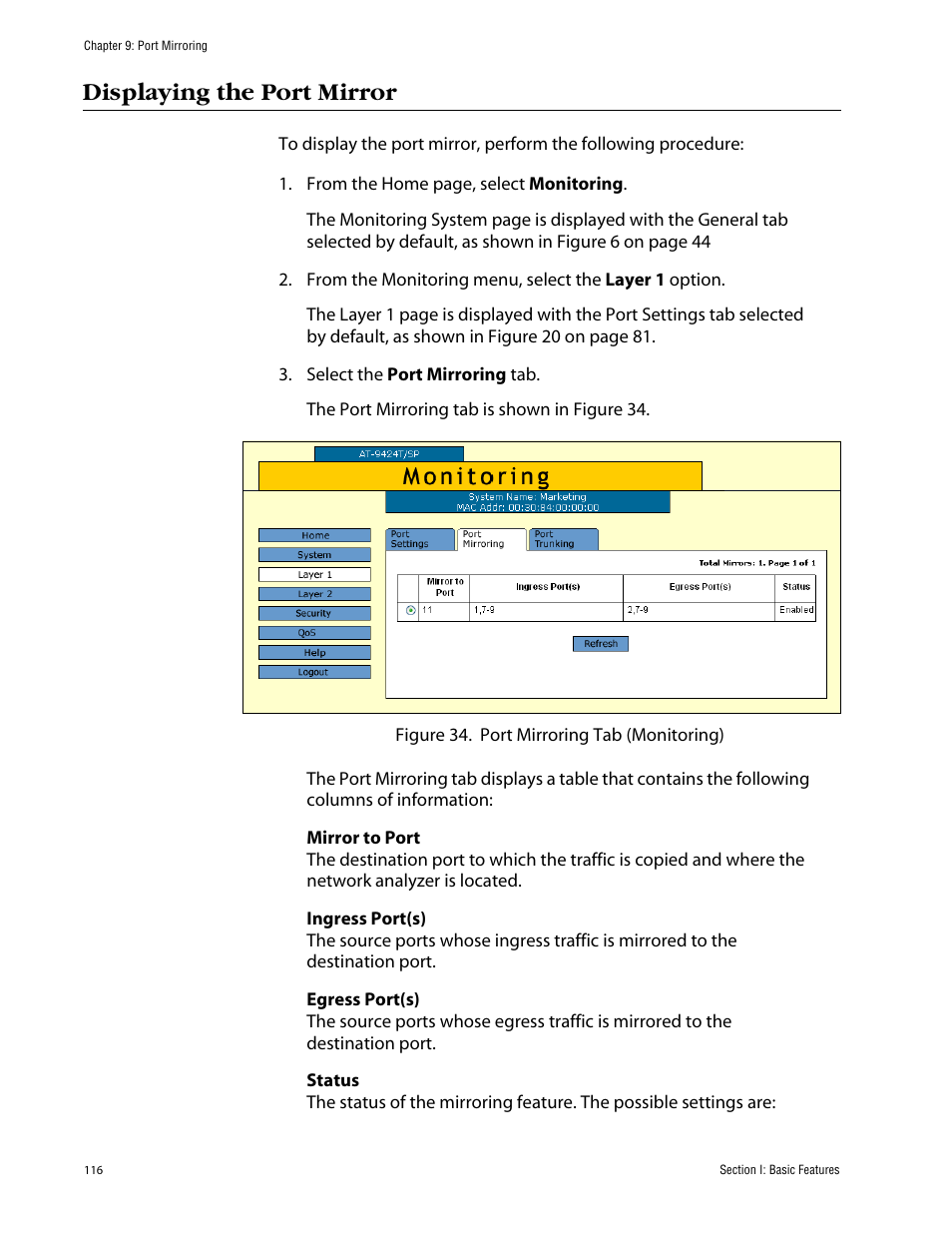 Displaying the port mirror | Allied Telesis AT-S63 User Manual | Page 116 / 388