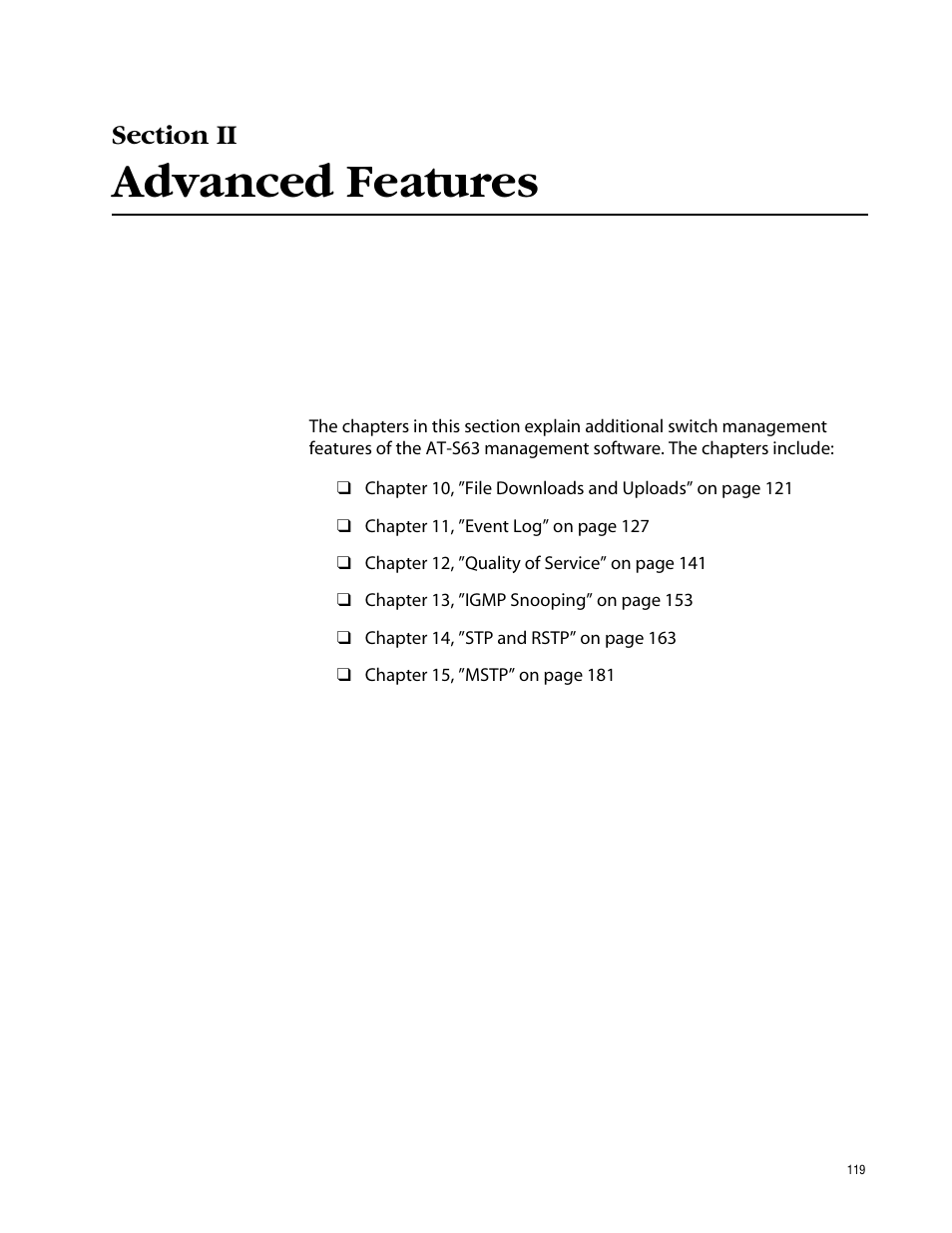 Advanced features, Section ii advanced features | Allied Telesis AT-S63 User Manual | Page 119 / 388