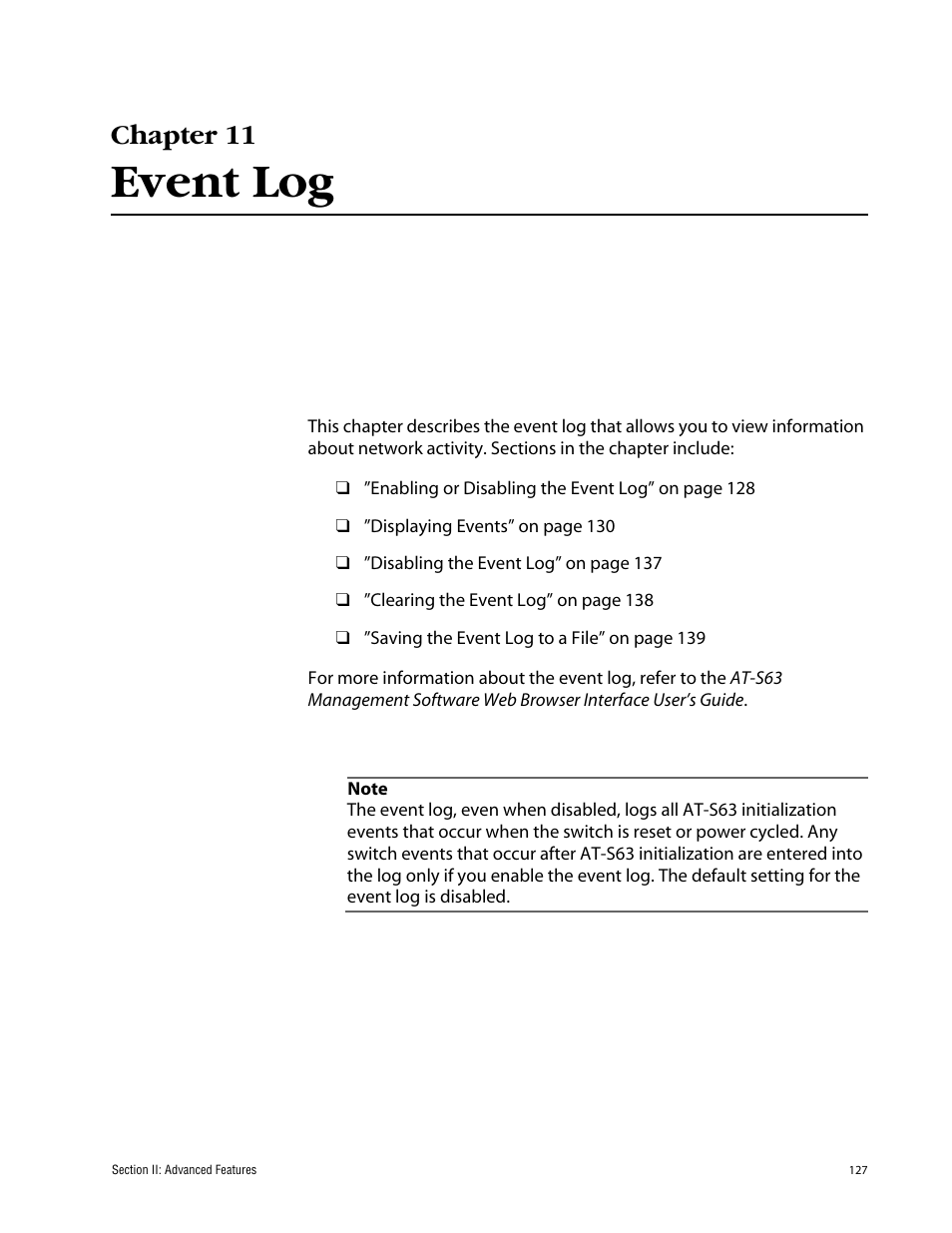Chapter 11, Event log | Allied Telesis AT-S63 User Manual | Page 127 / 388