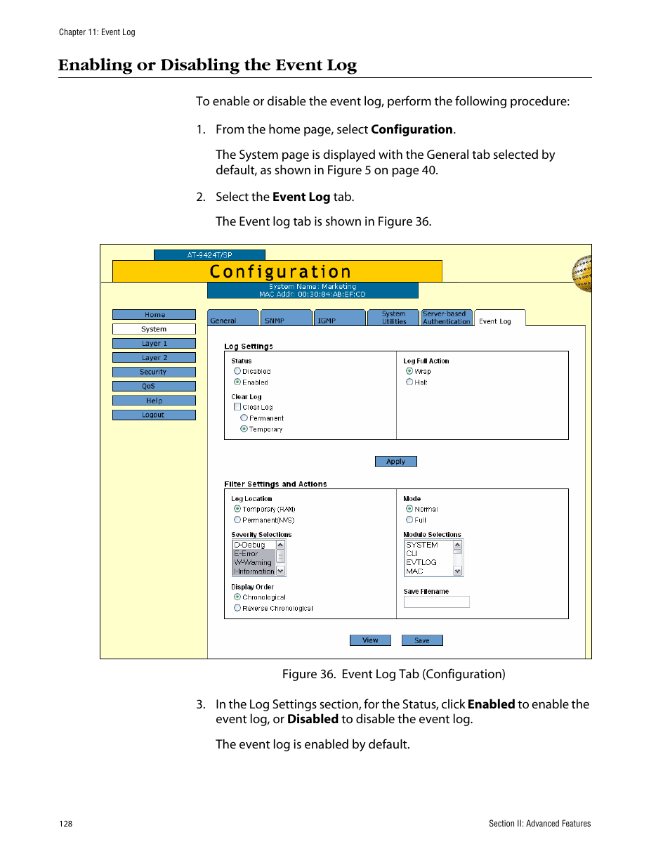 Enabling or disabling the event log | Allied Telesis AT-S63 User Manual | Page 128 / 388