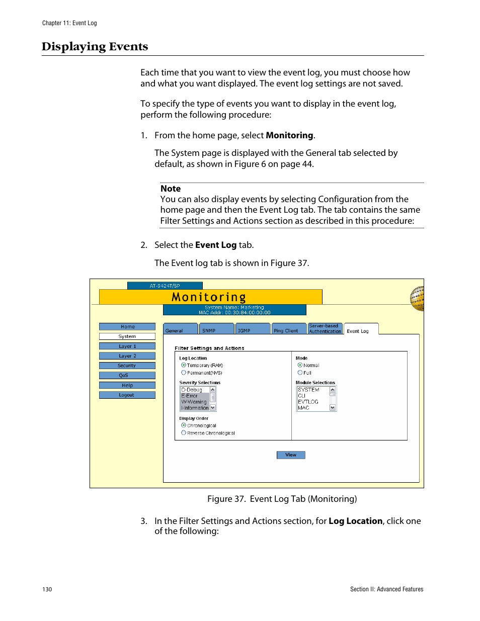 Displaying events | Allied Telesis AT-S63 User Manual | Page 130 / 388