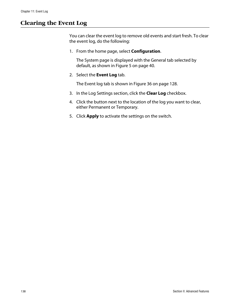 Clearing the event log | Allied Telesis AT-S63 User Manual | Page 138 / 388