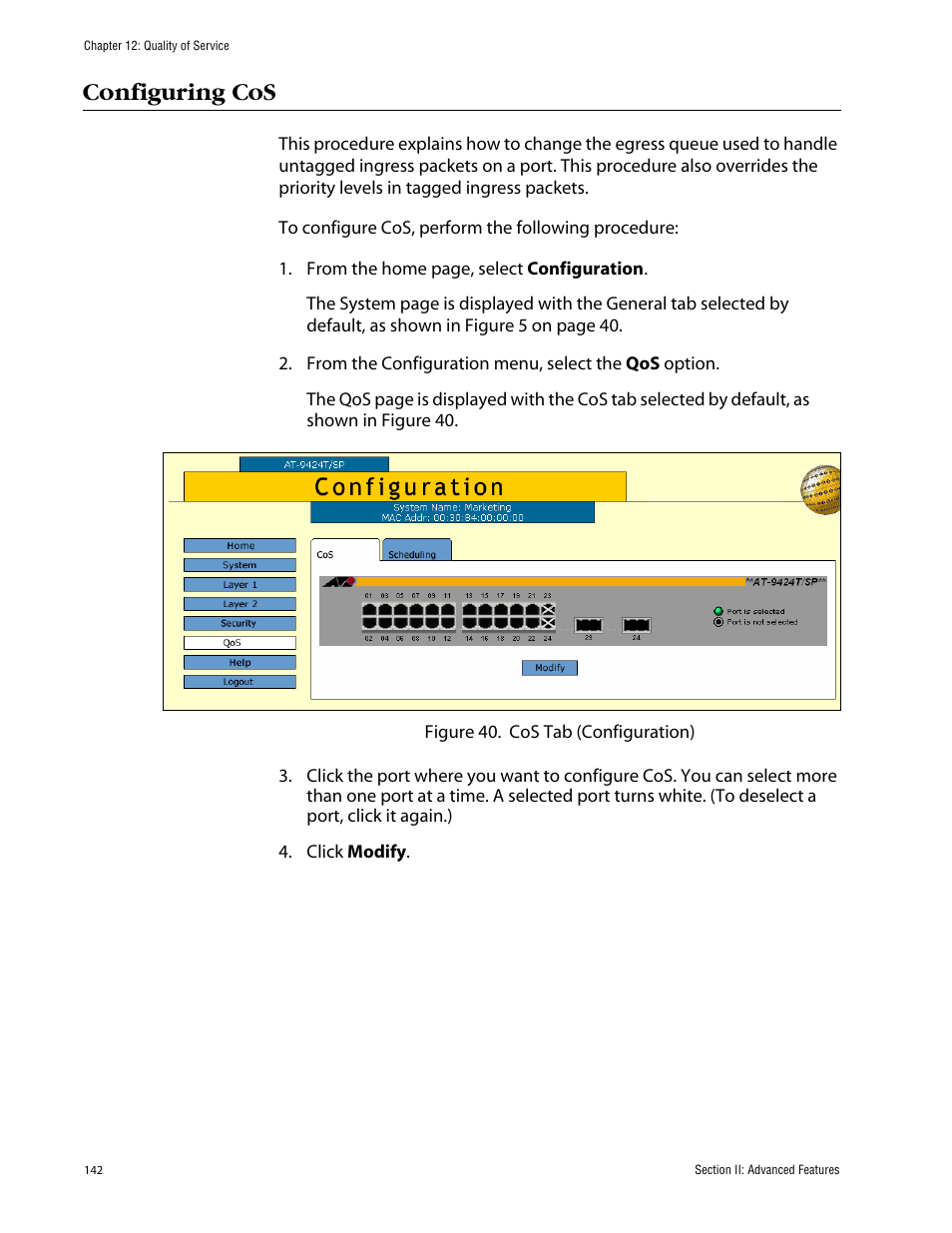 Configuring cos | Allied Telesis AT-S63 User Manual | Page 142 / 388