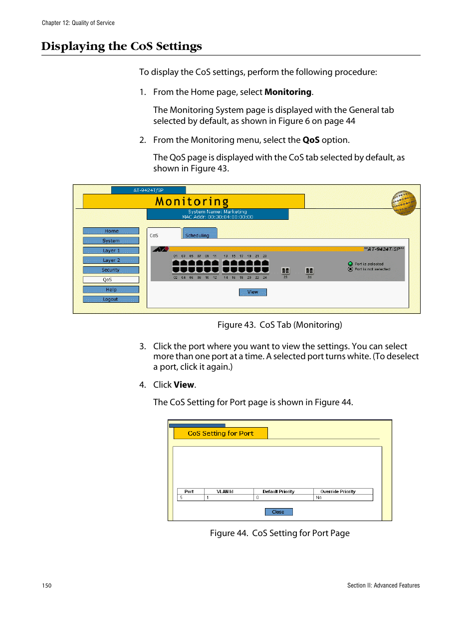 Displaying the cos settings | Allied Telesis AT-S63 User Manual | Page 150 / 388