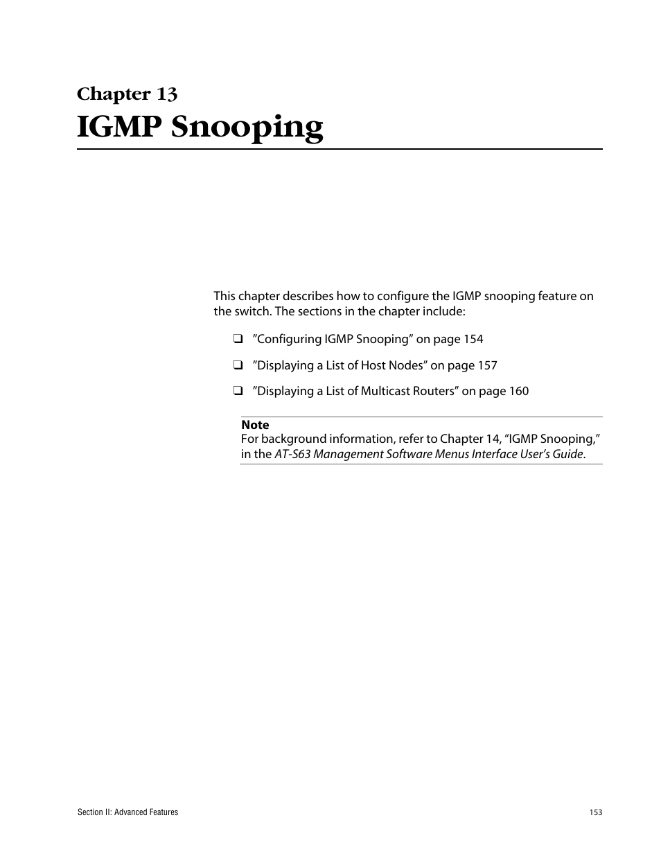 Chapter 13, Igmp snooping, Chapter 13 igmp snooping | Allied Telesis AT-S63 User Manual | Page 153 / 388