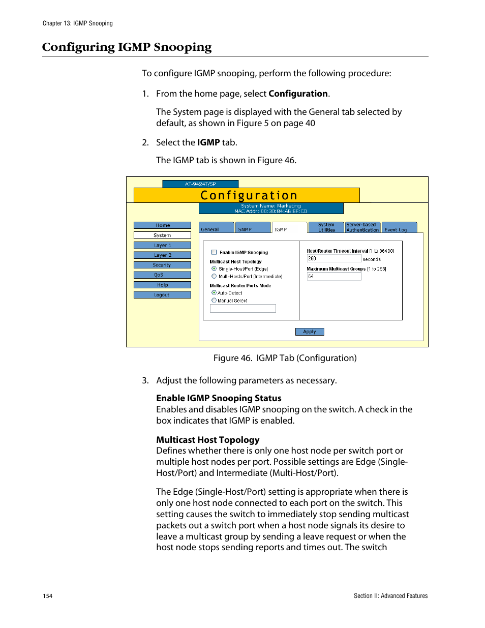 Configuring igmp snooping | Allied Telesis AT-S63 User Manual | Page 154 / 388