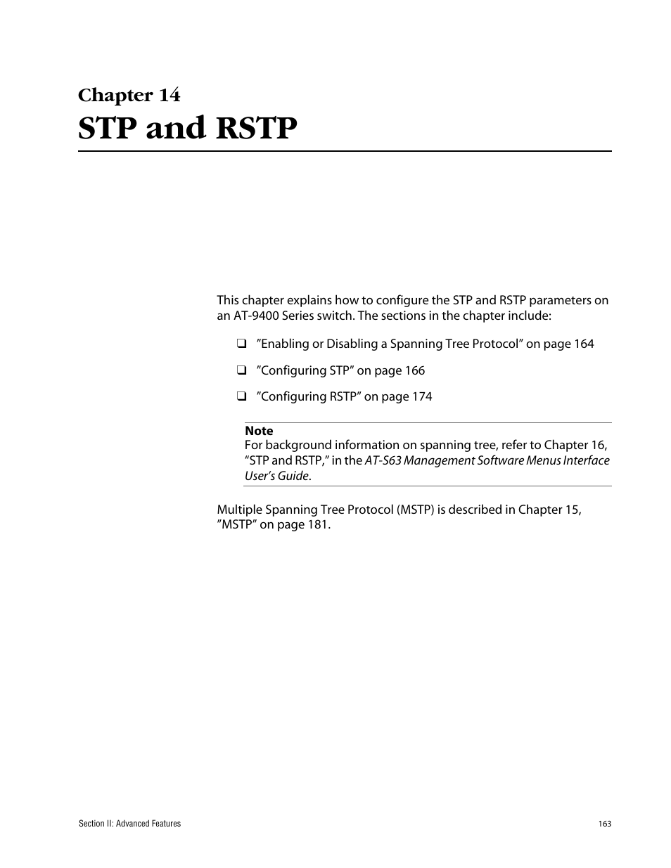 Chapter 14, Stp and rstp, Chapter 14 stp and rstp | Allied Telesis AT-S63 User Manual | Page 163 / 388