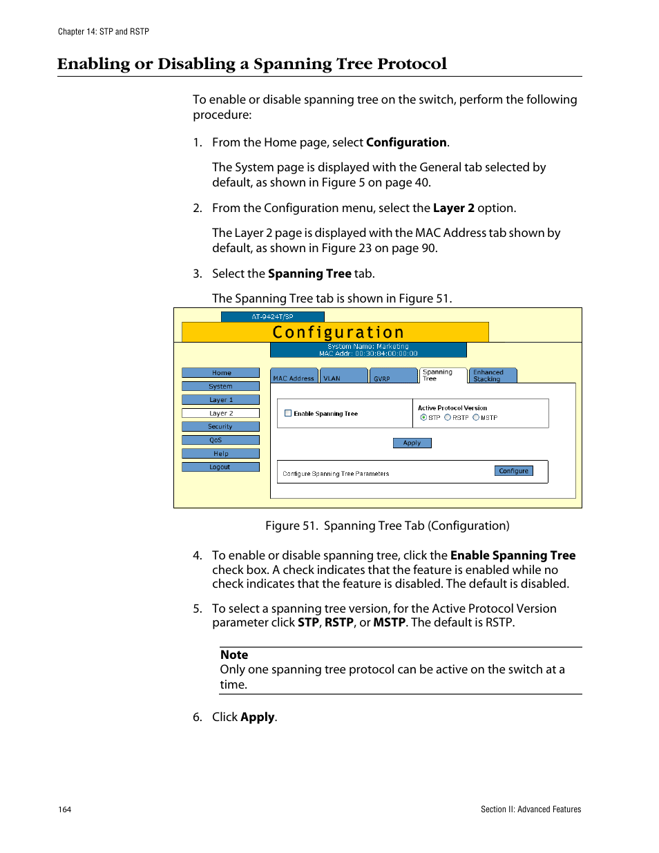 Enabling or disabling a spanning tree protocol | Allied Telesis AT-S63 User Manual | Page 164 / 388