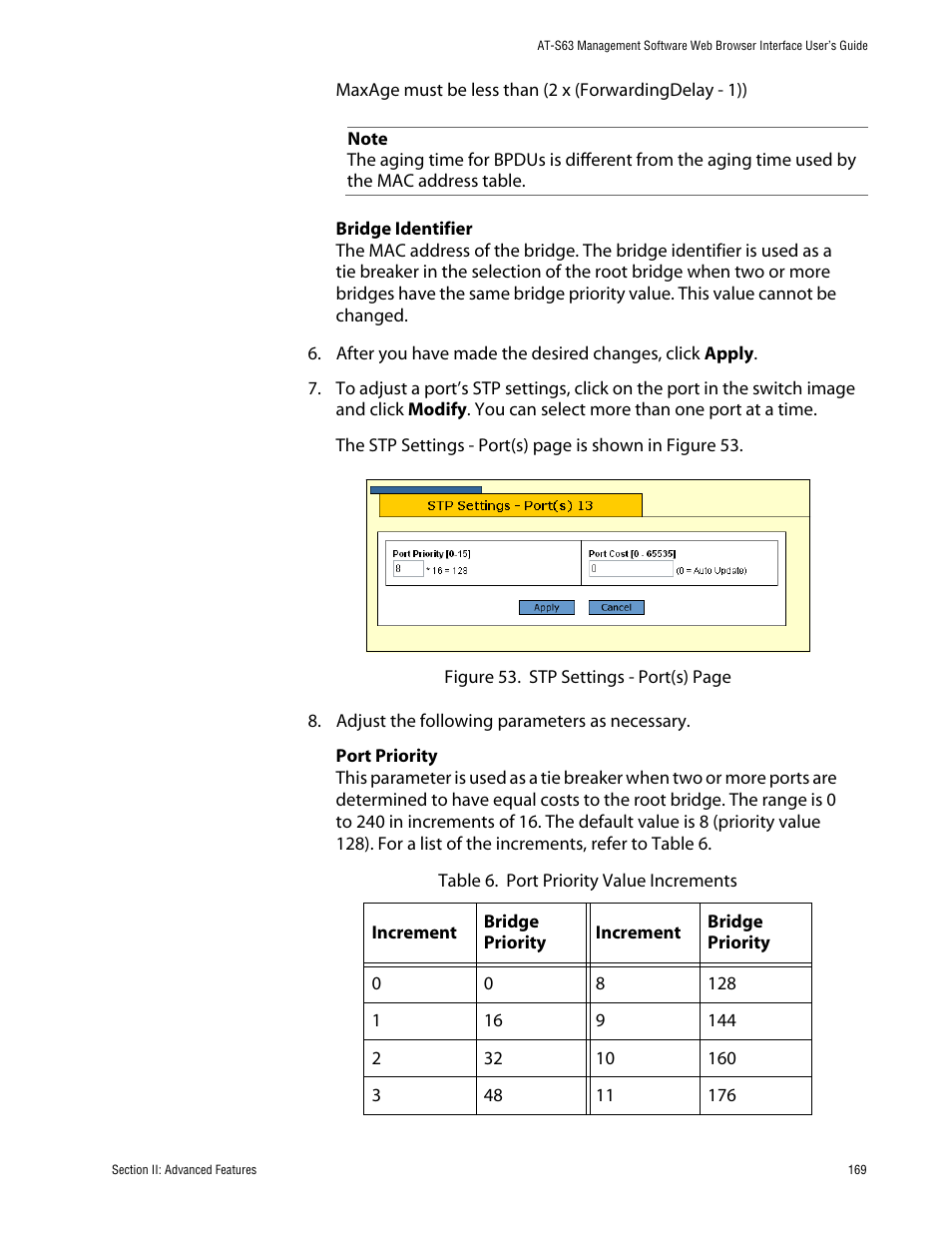 Table 6: port priority value increments | Allied Telesis AT-S63 User Manual | Page 169 / 388