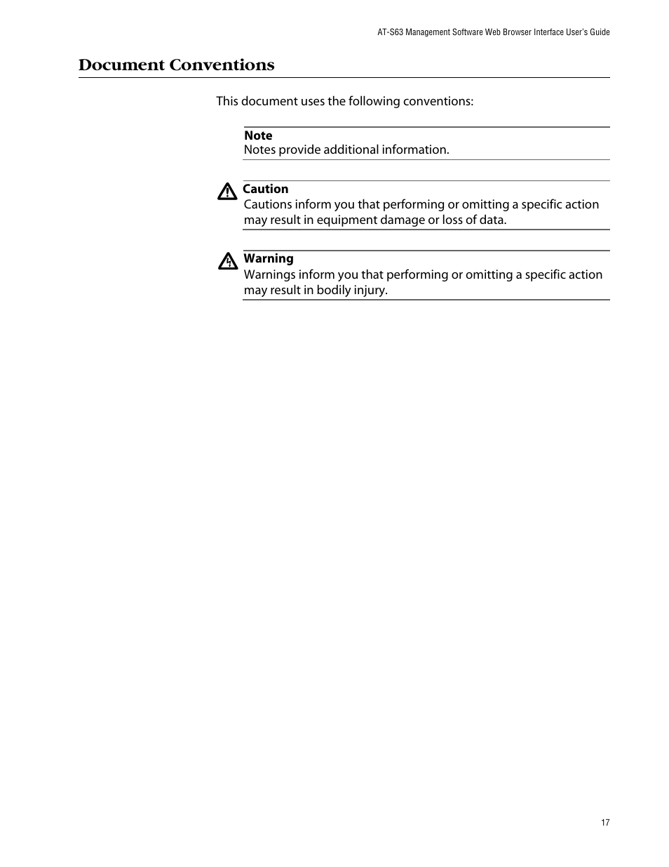 Document conventions | Allied Telesis AT-S63 User Manual | Page 17 / 388